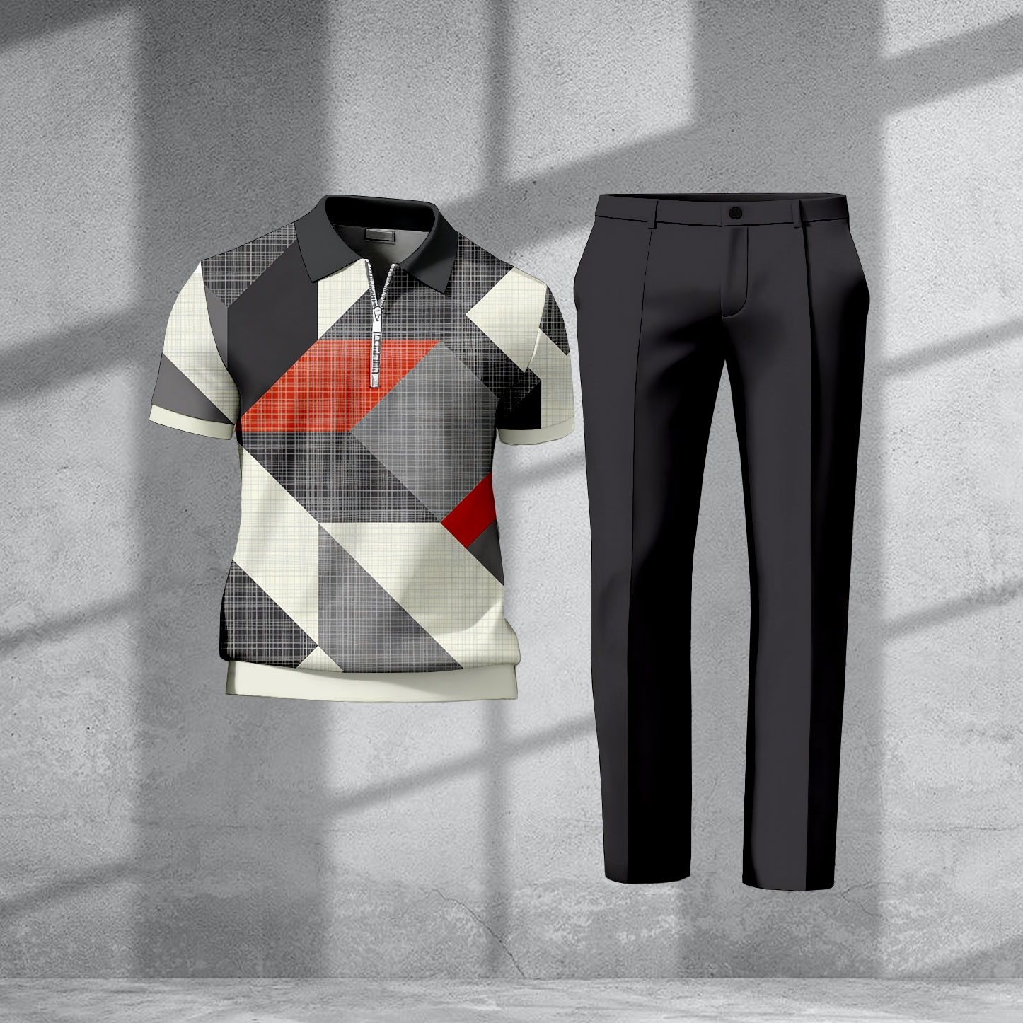 Men's Casual Multi Color Matching Geometric Printed Zipper Short Sleeved Polo Shirt & Trousers Two-Piece Set