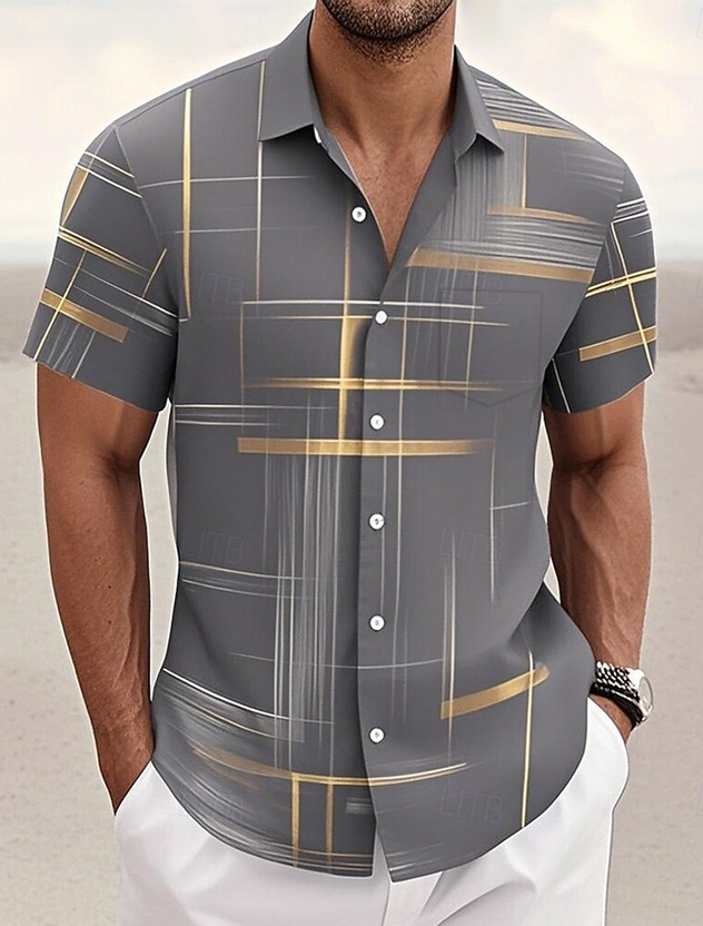 FIP Vintage Geometric Art Print Men's Button Pocket Short Sleeve Shirt Big & Tall