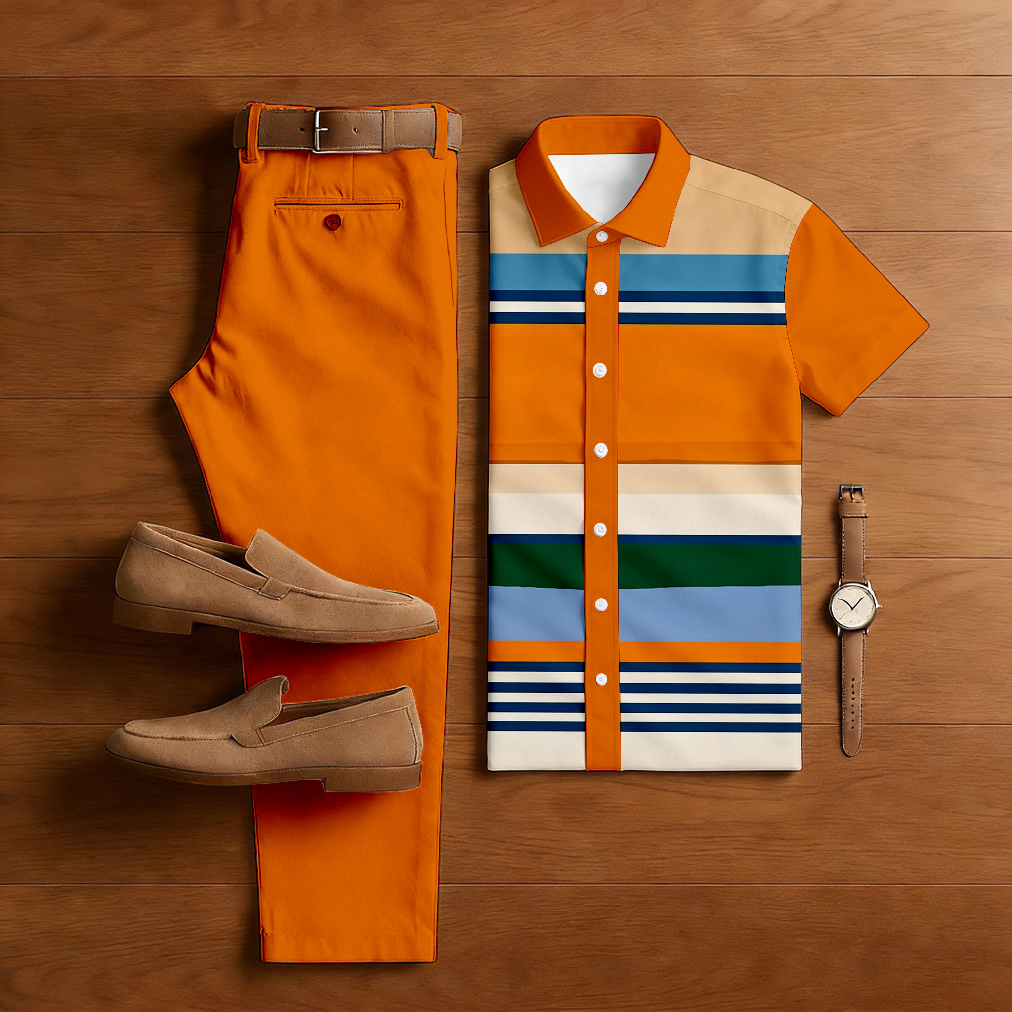 Men's Casual Orange & Multi Color Matching Striped Print Short-Sleeve Shirt & Trousers Two-Piece Set200446