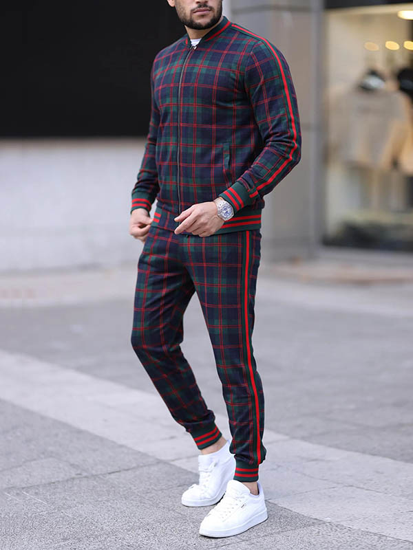 Men's Quilted Thick Plaid Long-Sleeved Jacket Trousers Two-Piece Set