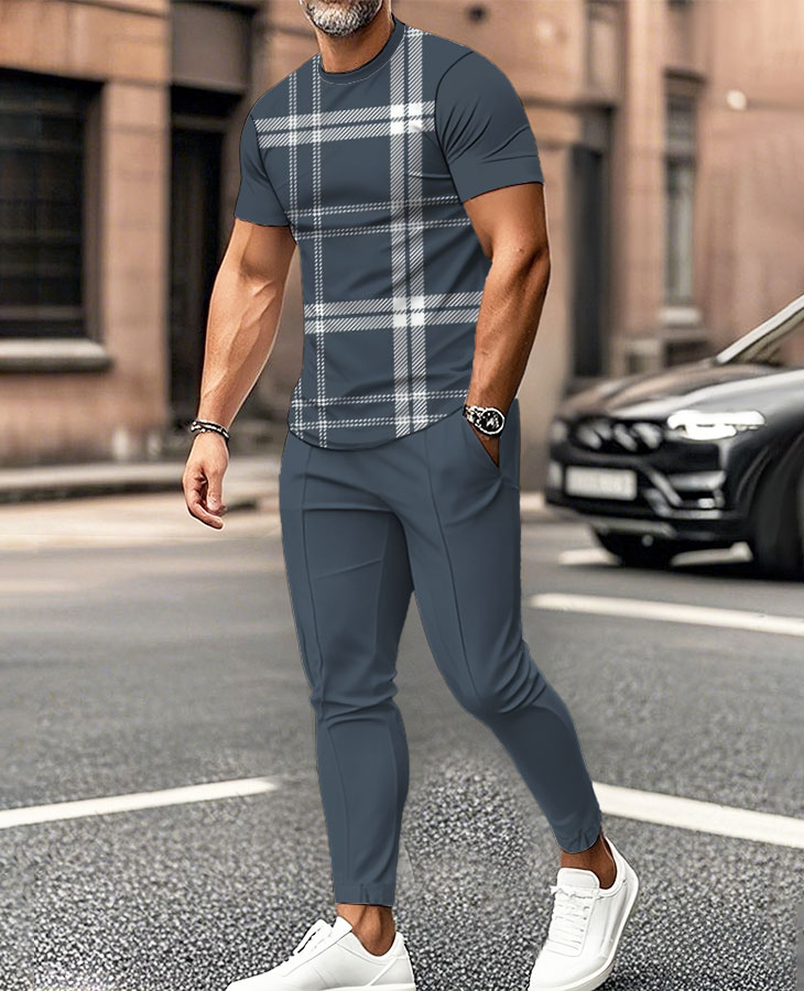 Men's Fashion Casual Color Matching Striped Printed Short Sleeved Trousers Two-Piece Set