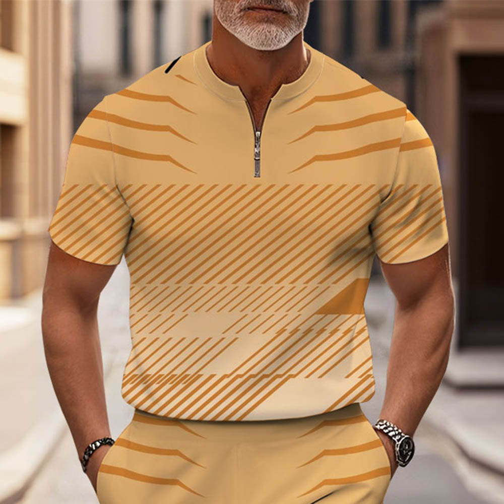 Men's Fashion Casual Round-Neck Geometric Printed Short-Sleeved Two-Piece Set