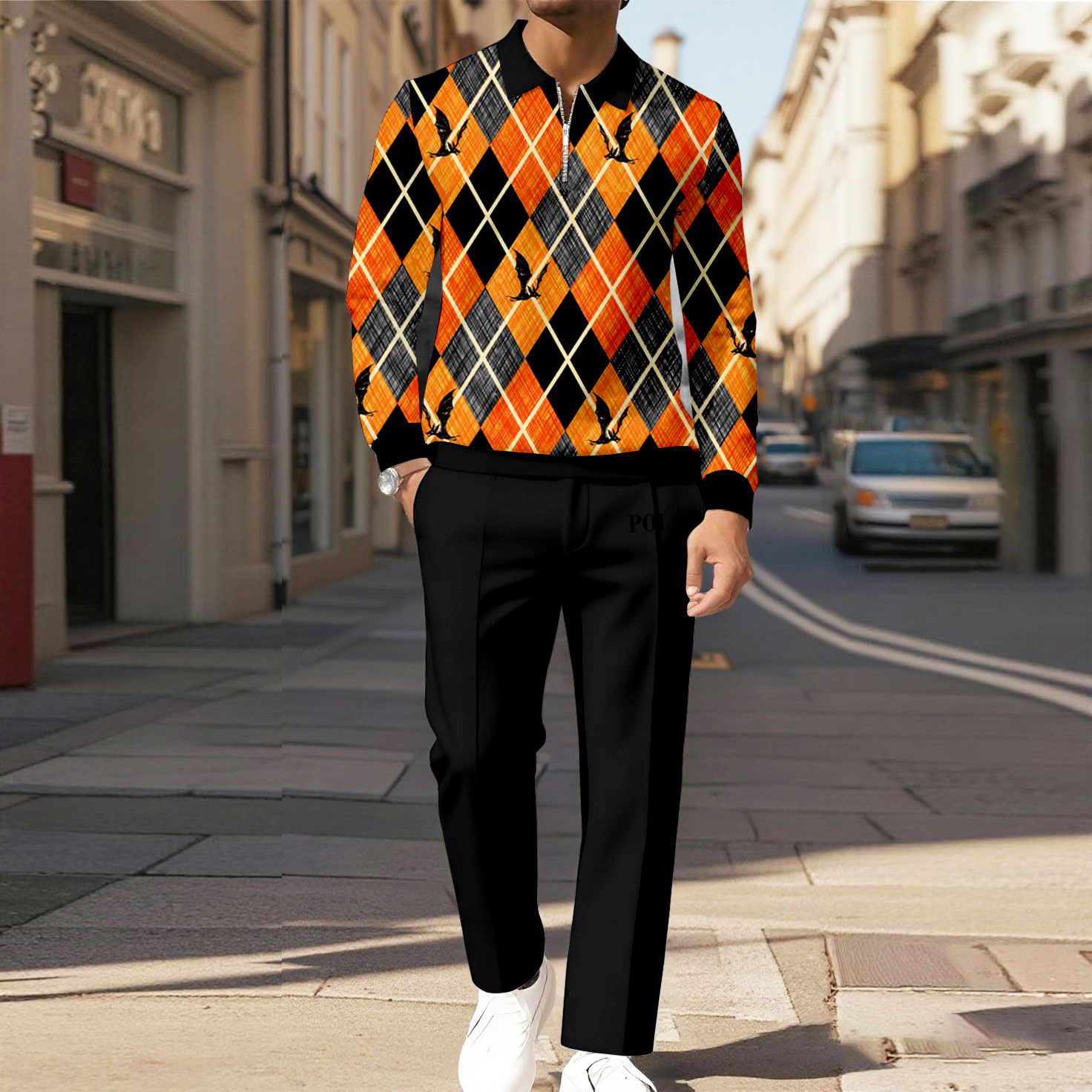 Men's Casual Color Matching Halloween Printed Polo-Collar Zipper Long Sleeved Trousers Two-Piece Set