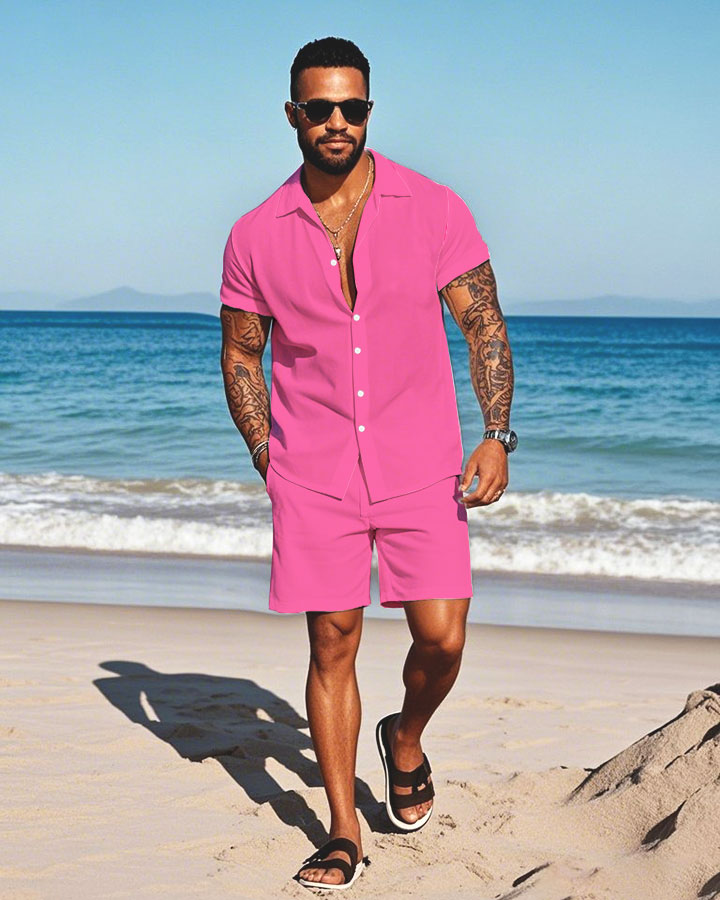 Men's Fashion Casual Lapel Collar Solid Color Short-Sleeved Two-Piece Set