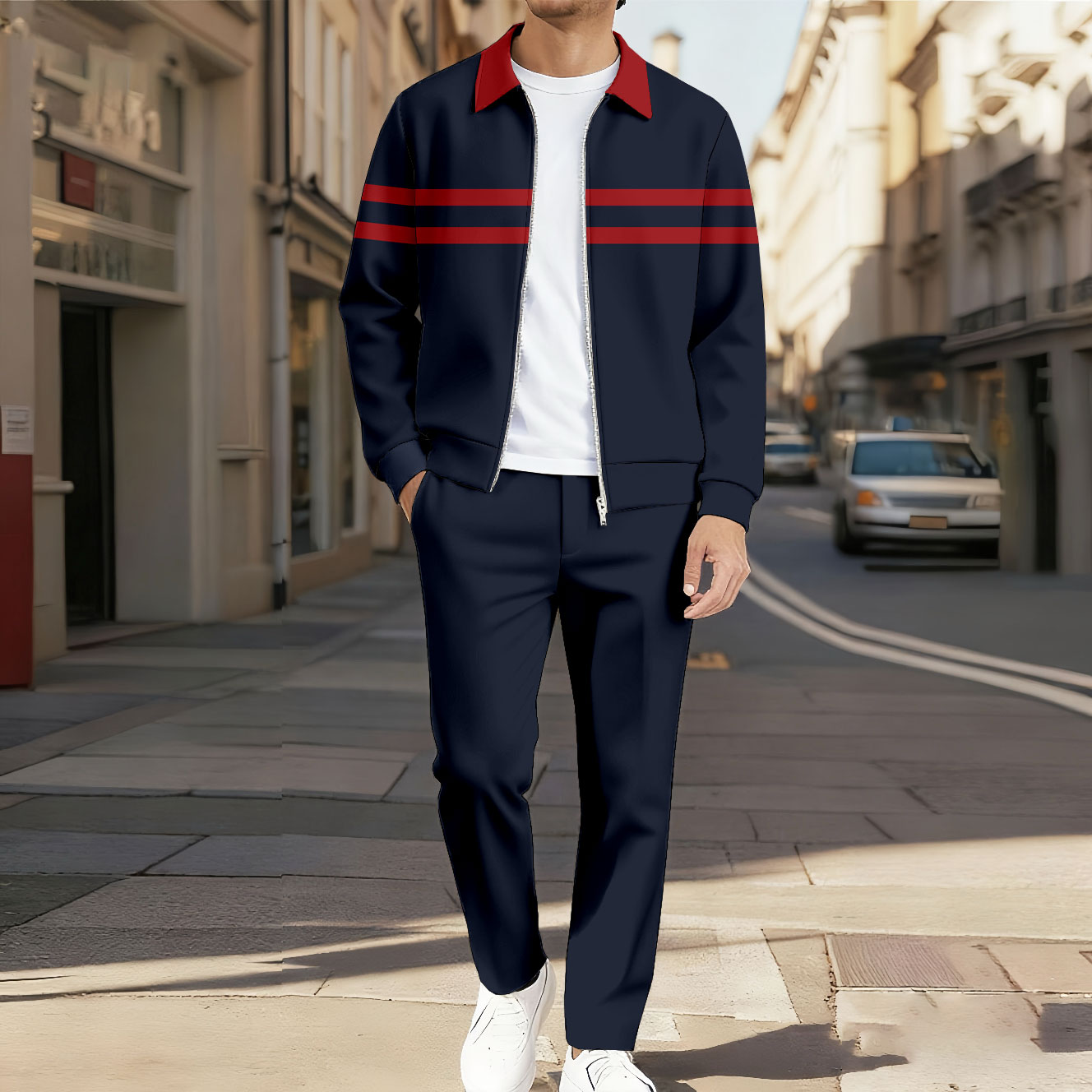 Men's Casual Color Matching Printed Polo-Collar Zipper Long Sleeved Trousers Two-Piece Set