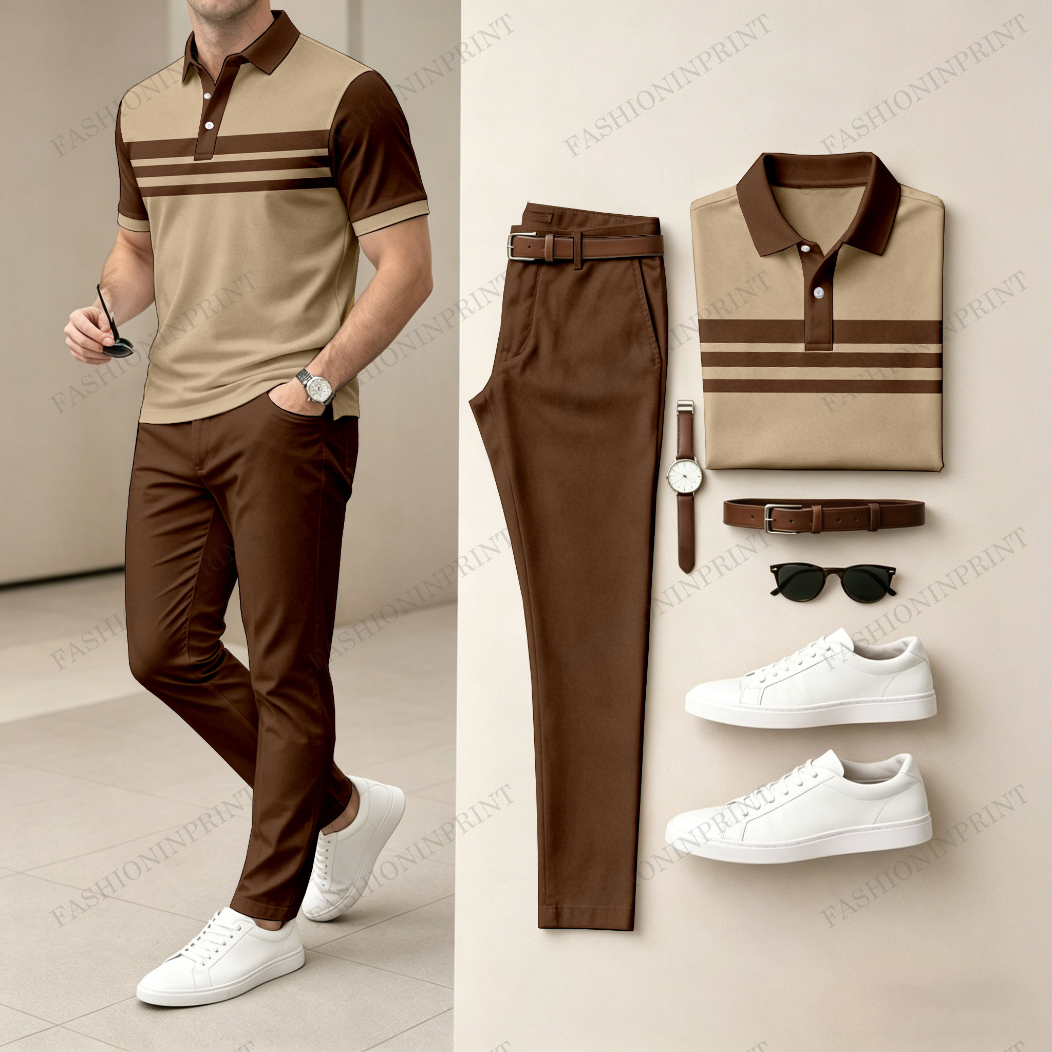Men's Light And Mature Style, Simple Color Matching Short Sleeved Polo Shirt & Pants Two-Piece Set