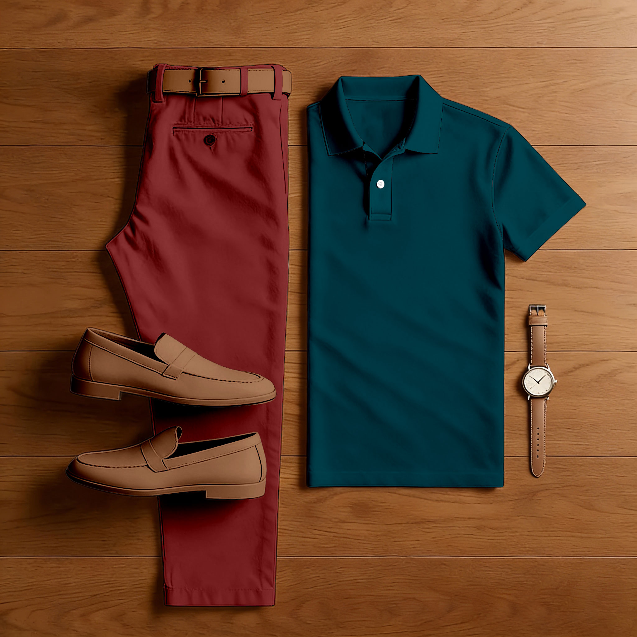 Men's Casual Red Brown & Green Contrast Color Short Sleeved Polo Shirt & Trousers Two-Piece Set