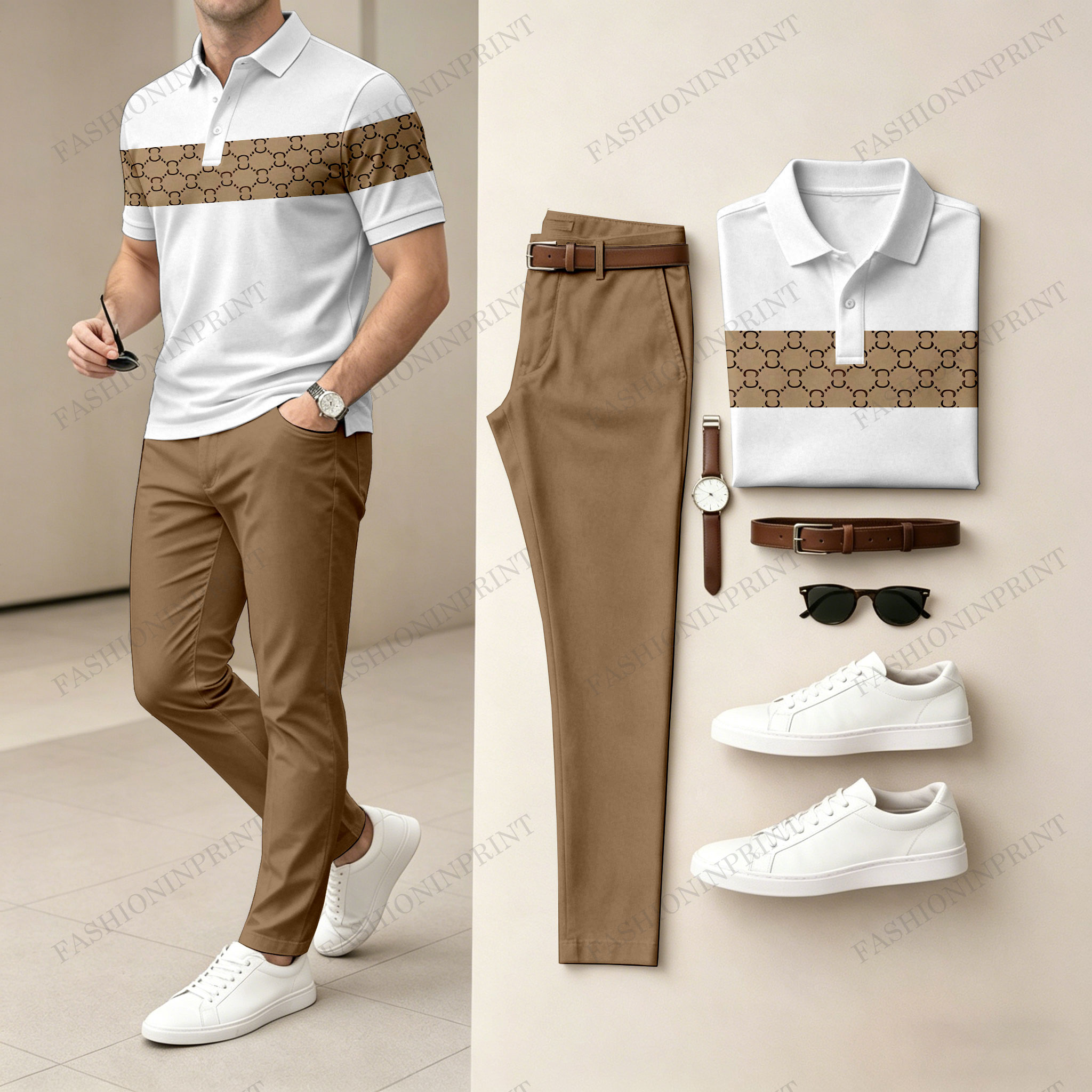 Men's Casual Black & Brown Plaid Printed Polo Shirt And Pants Two-Piece Set 204499