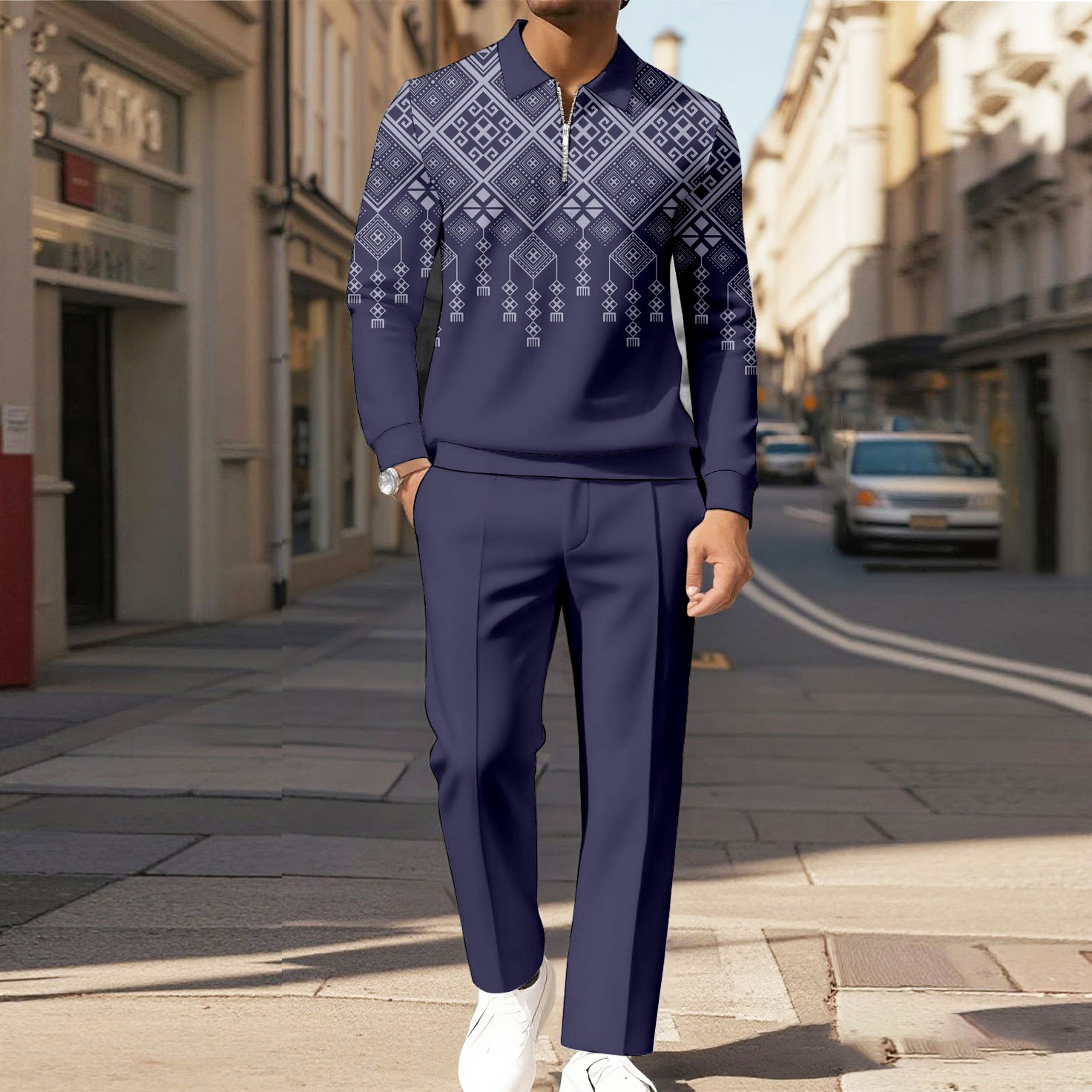 Men's Casual Color Matching Printed Polo-Collar Zipper Long Sleeved Trousers Two-Piece Set 1016