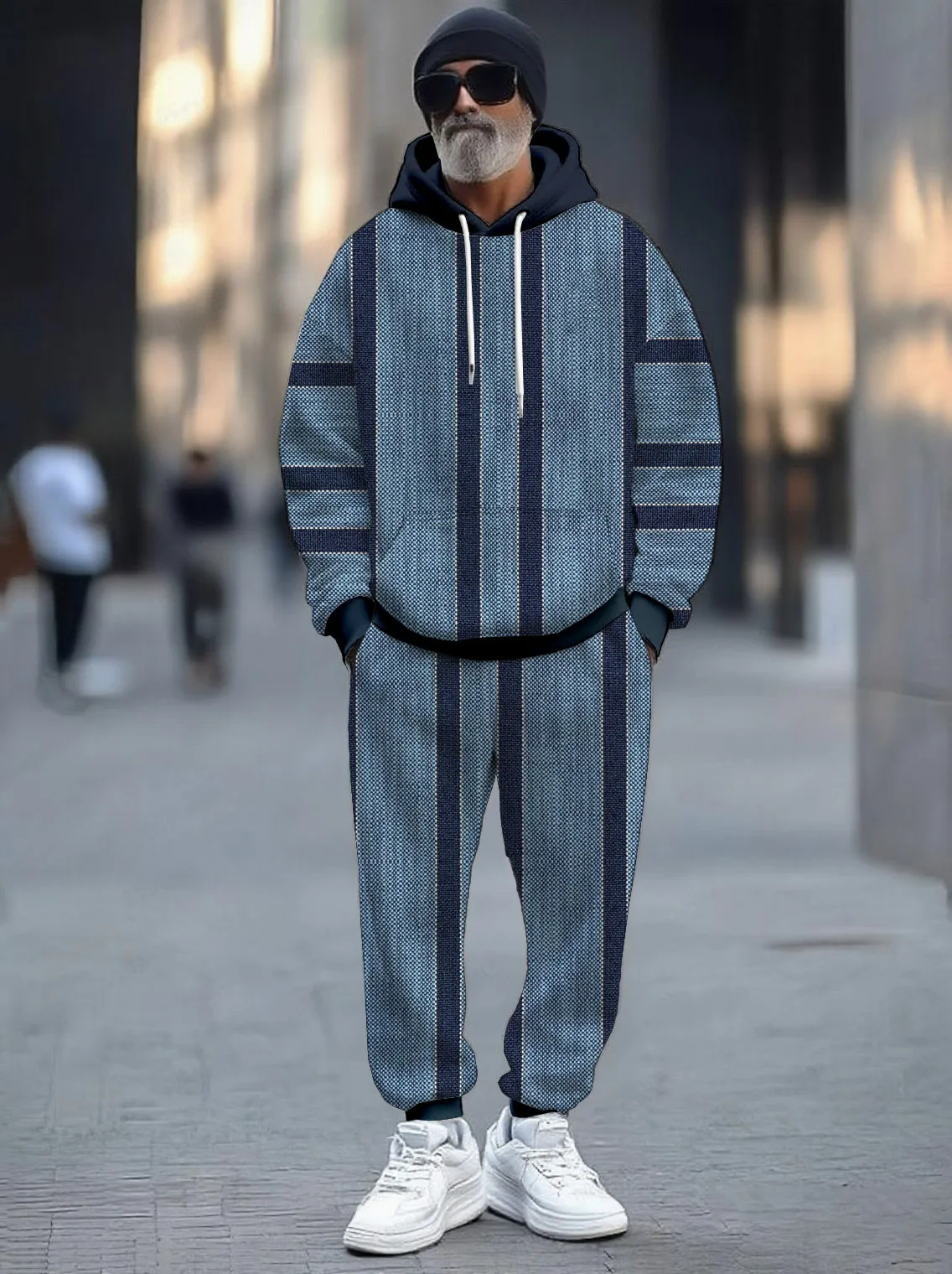 Men's Casual Color Matching Printed Long-Sleeved Hoodies Sweatshirt & Trousers Two-Piece Set