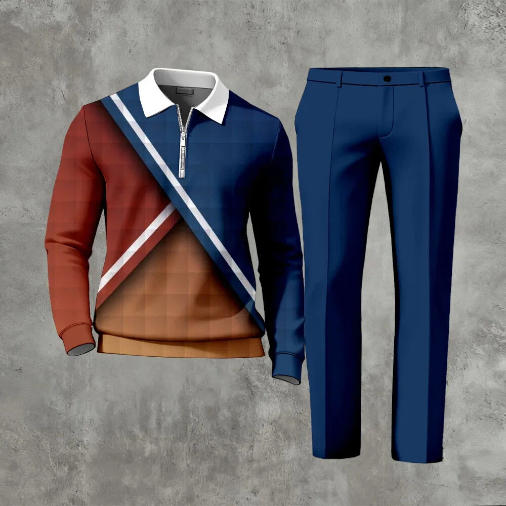 Men's Casual Color Matching Printed Polo-Collar Zipper Long Sleeved Trousers Two-Piece Set