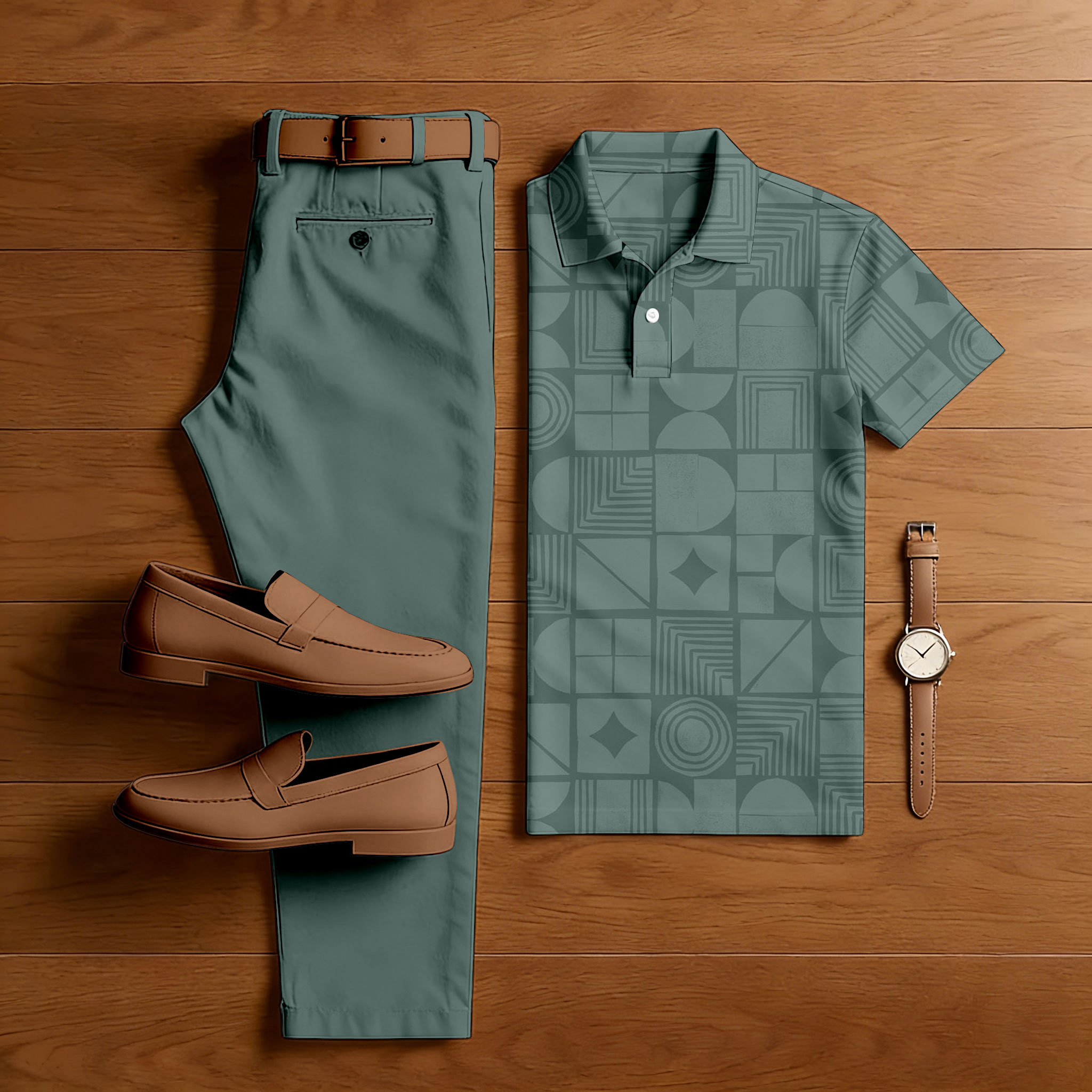 Men's Casual Green Color Matching Geometric Printed Short Sleeved Polo Shirt & Trousers Two-Piece Set