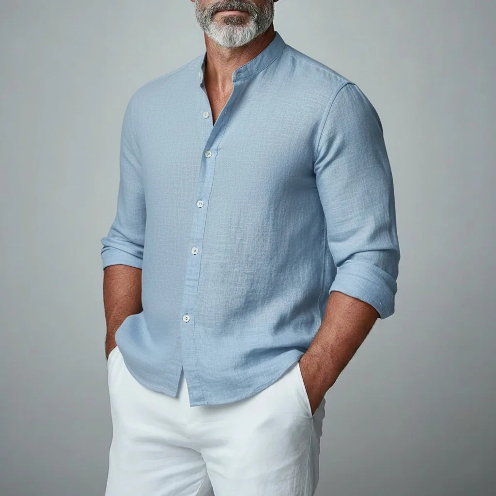 Men's Long- Sleeved Solid Color Small Stand Collar Shirt