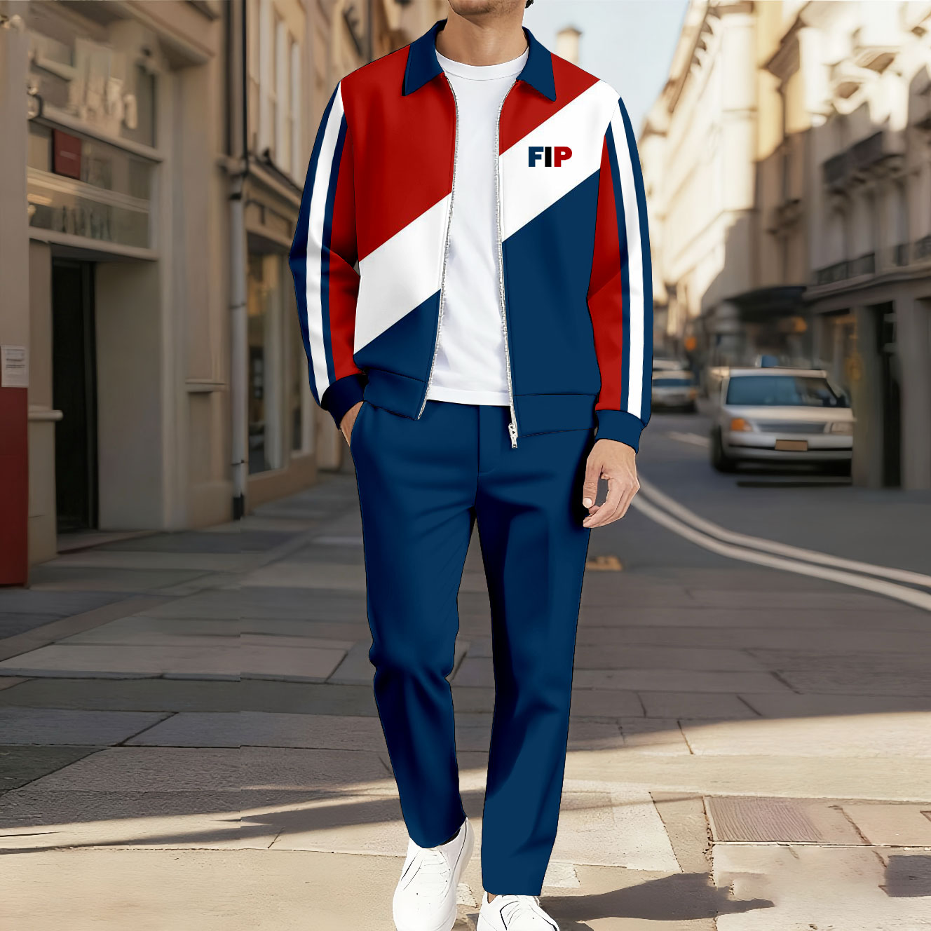 Men's Casual Color Matching Printed Polo-Collar Zipper Long Sleeved Trousers Two-Piece Set