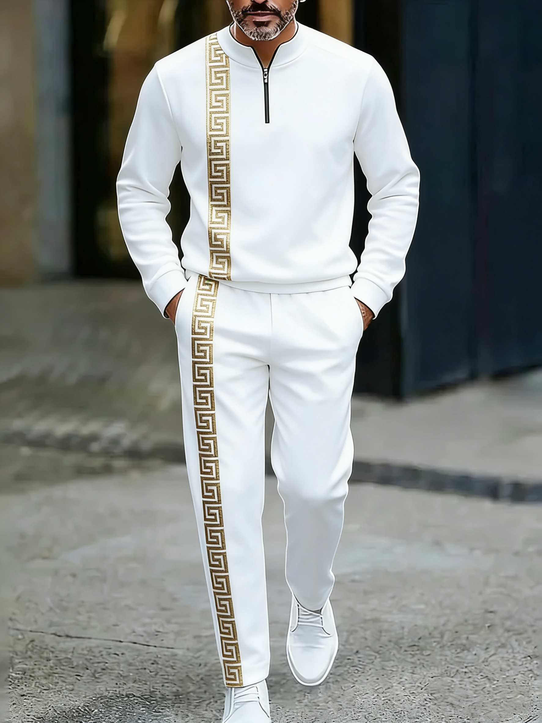 Men's fashion casual geometric print long sleeve zipper two-piece set