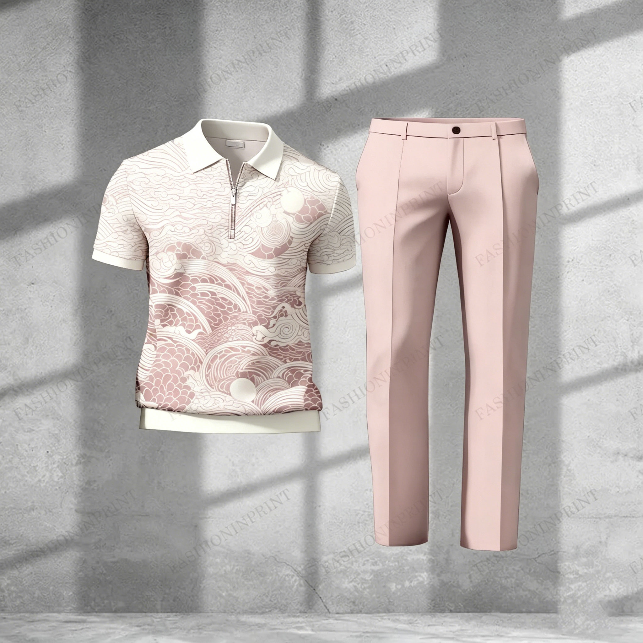 Men's Casual Blue Floral Short-Sleeved Half-Zip Polo Shirt And Blue Trousers Two-Piece Set