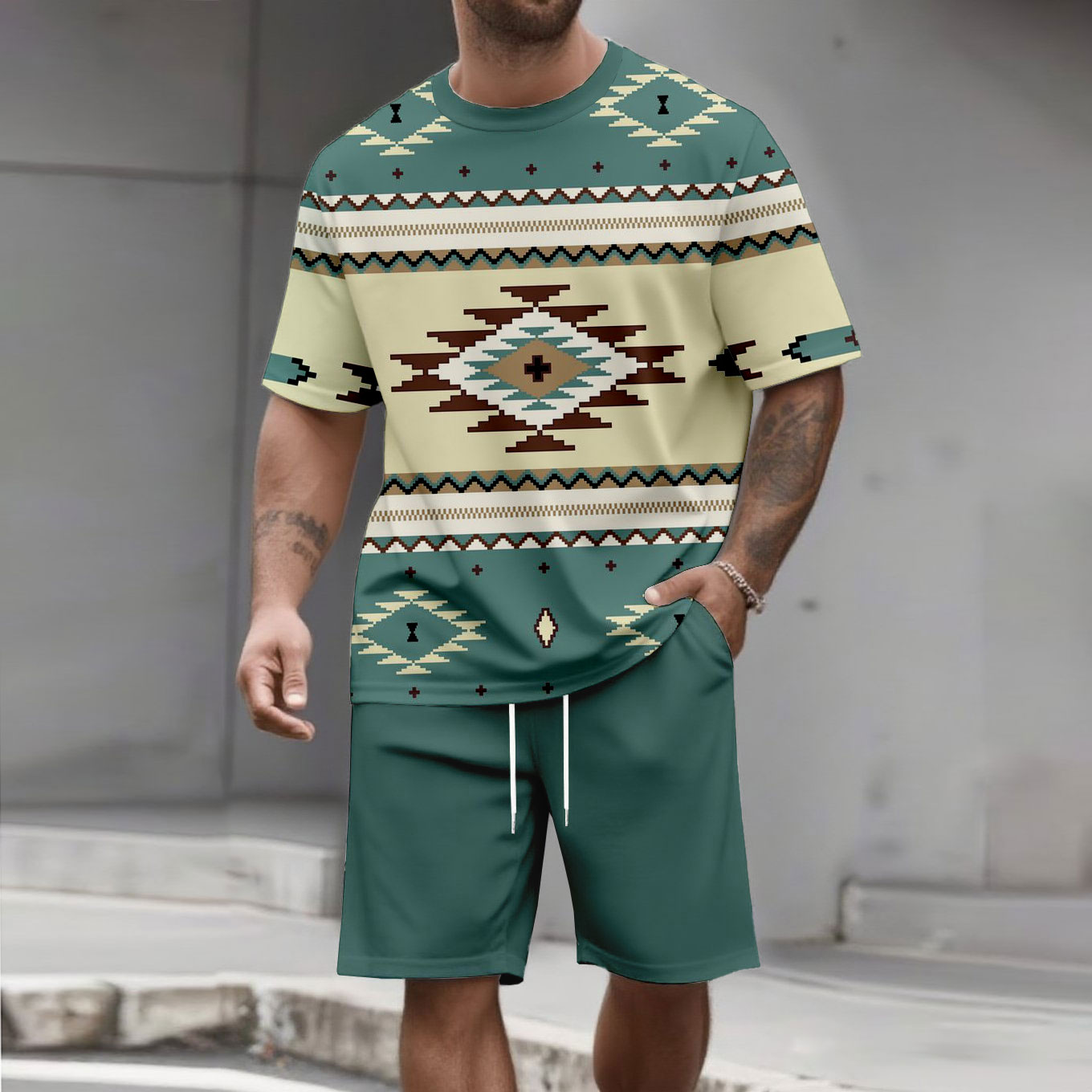 Men's Fashion Casual Color Matching Printed Short-Sleeved Two-Piece Set