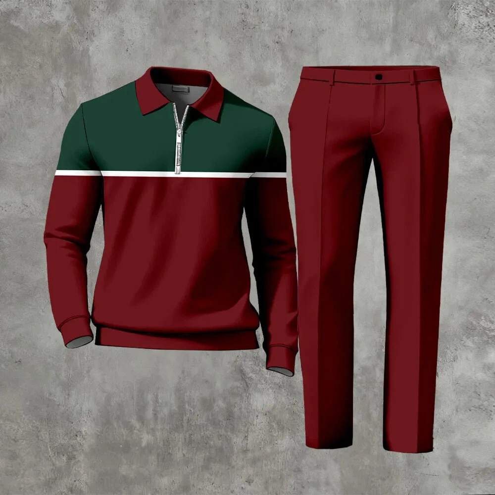 Men's Casual Color Matching Printed Polo-Collar Zipper Long Sleeved Trousers Two-Piece Set