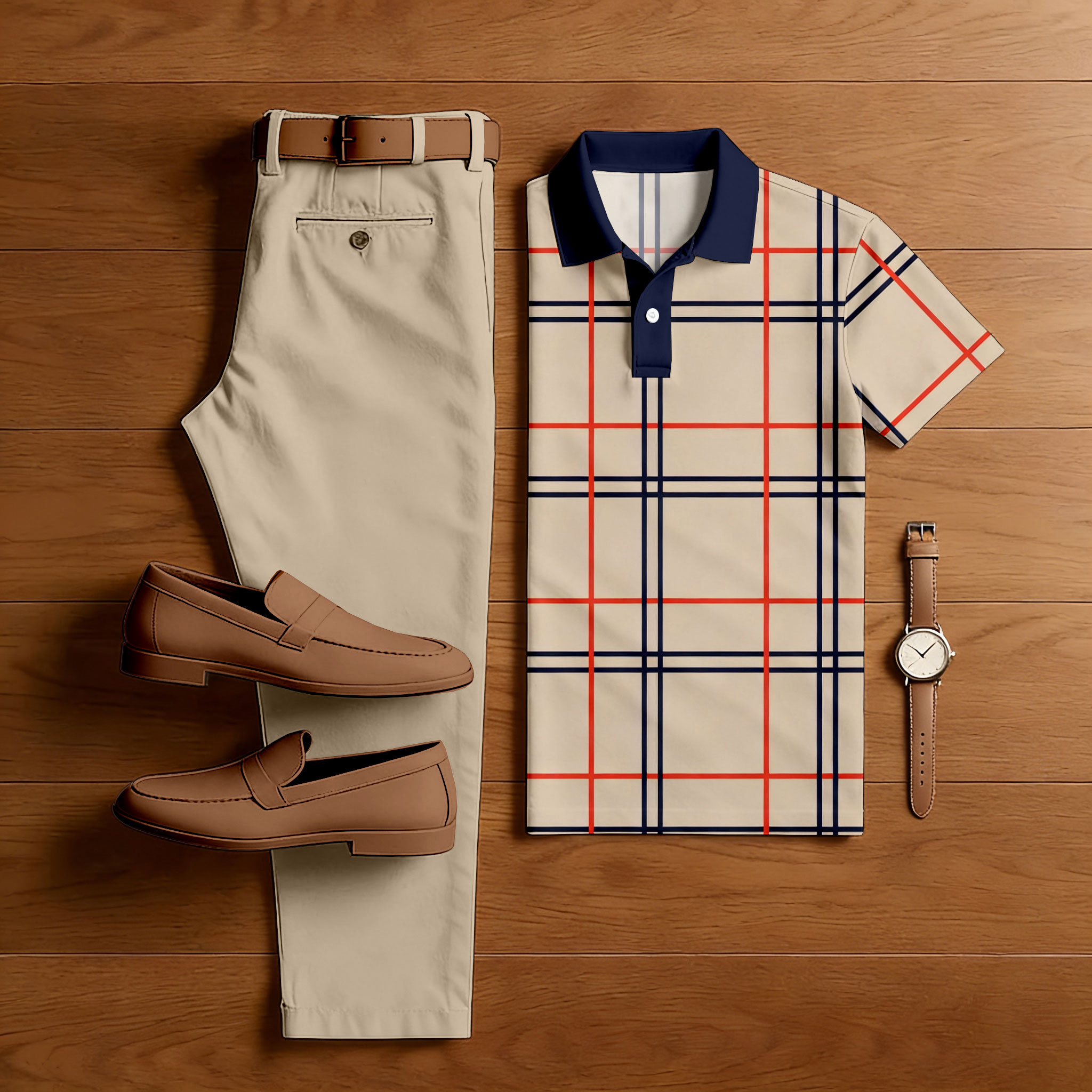 Men's Casual Khaki Color Matching Checkered Printed Short Sleeved Polo Shirt & Trousers Two-Piece Set