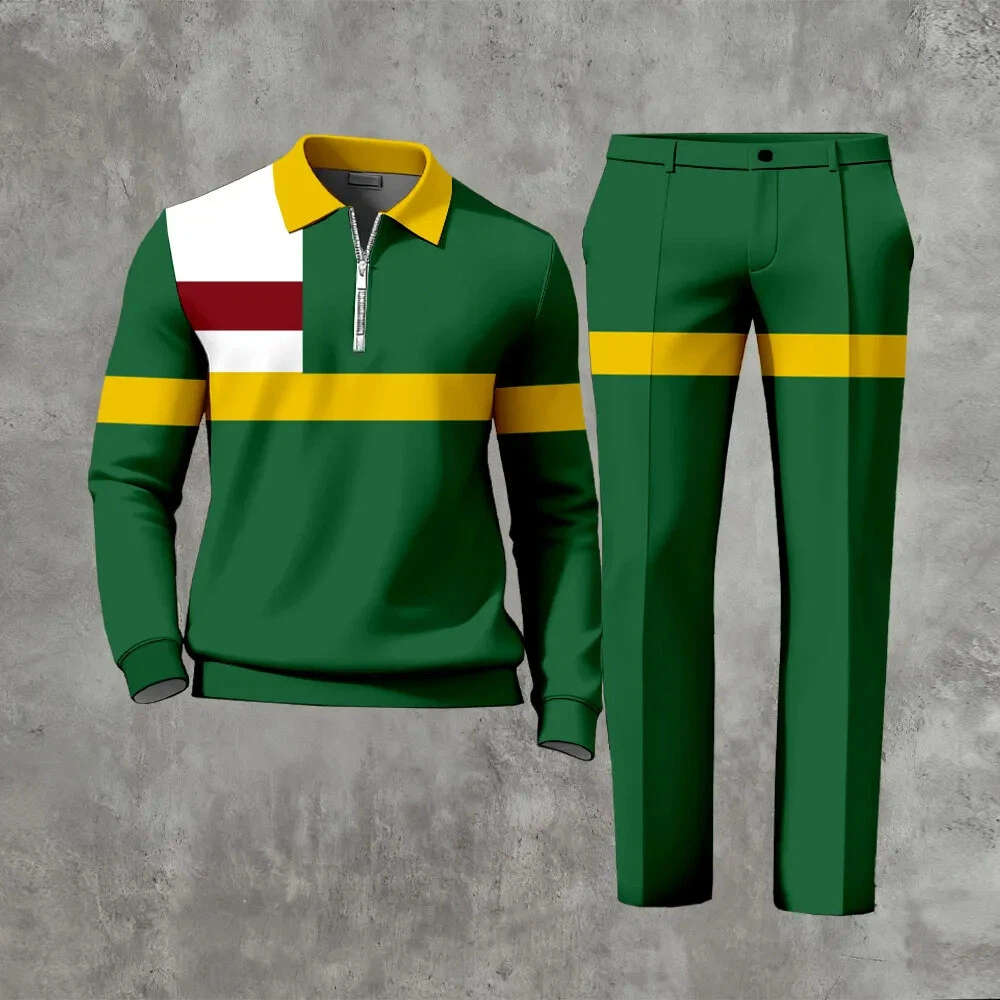 Men's Casual Color Matching Printed Polo-Collar Zipper Long Sleeved Trousers Two-Piece Set