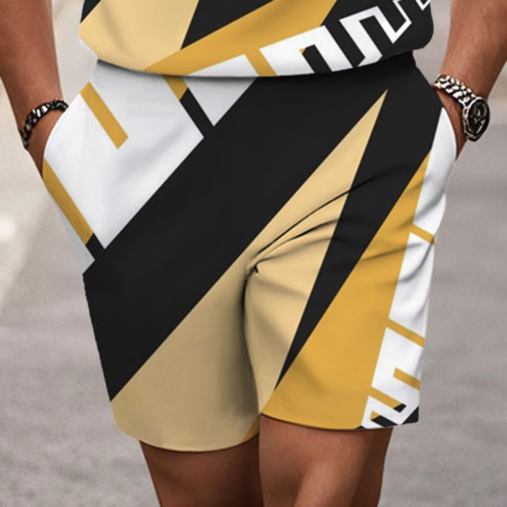 Men's Fashion Casual Round-Neck Geometric Printed Short-Sleeved Two-Piece Set