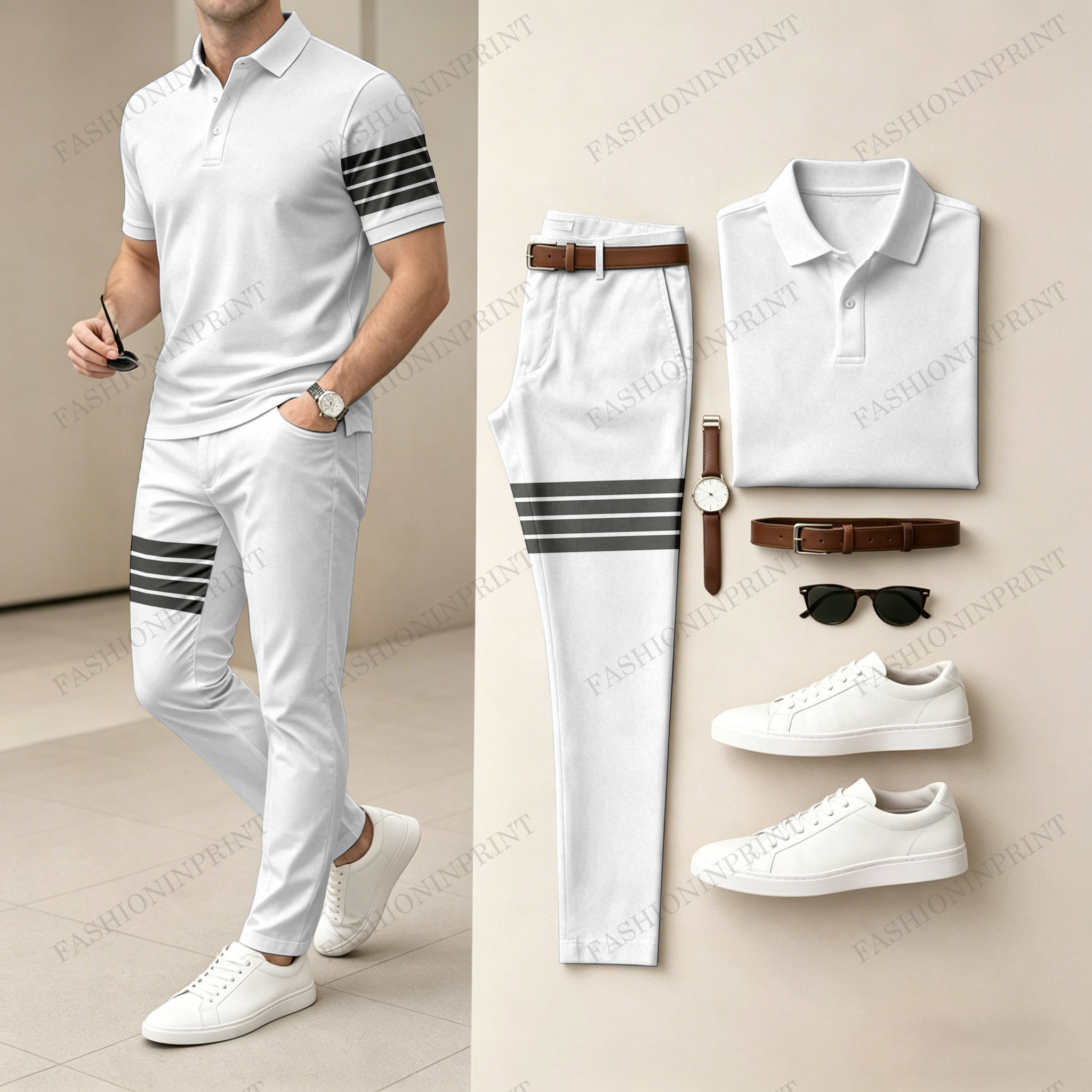 Men's Light And Mature Style, Simple Color Matching Short Sleeved Polo Shirt & Pants Two-Piece Set