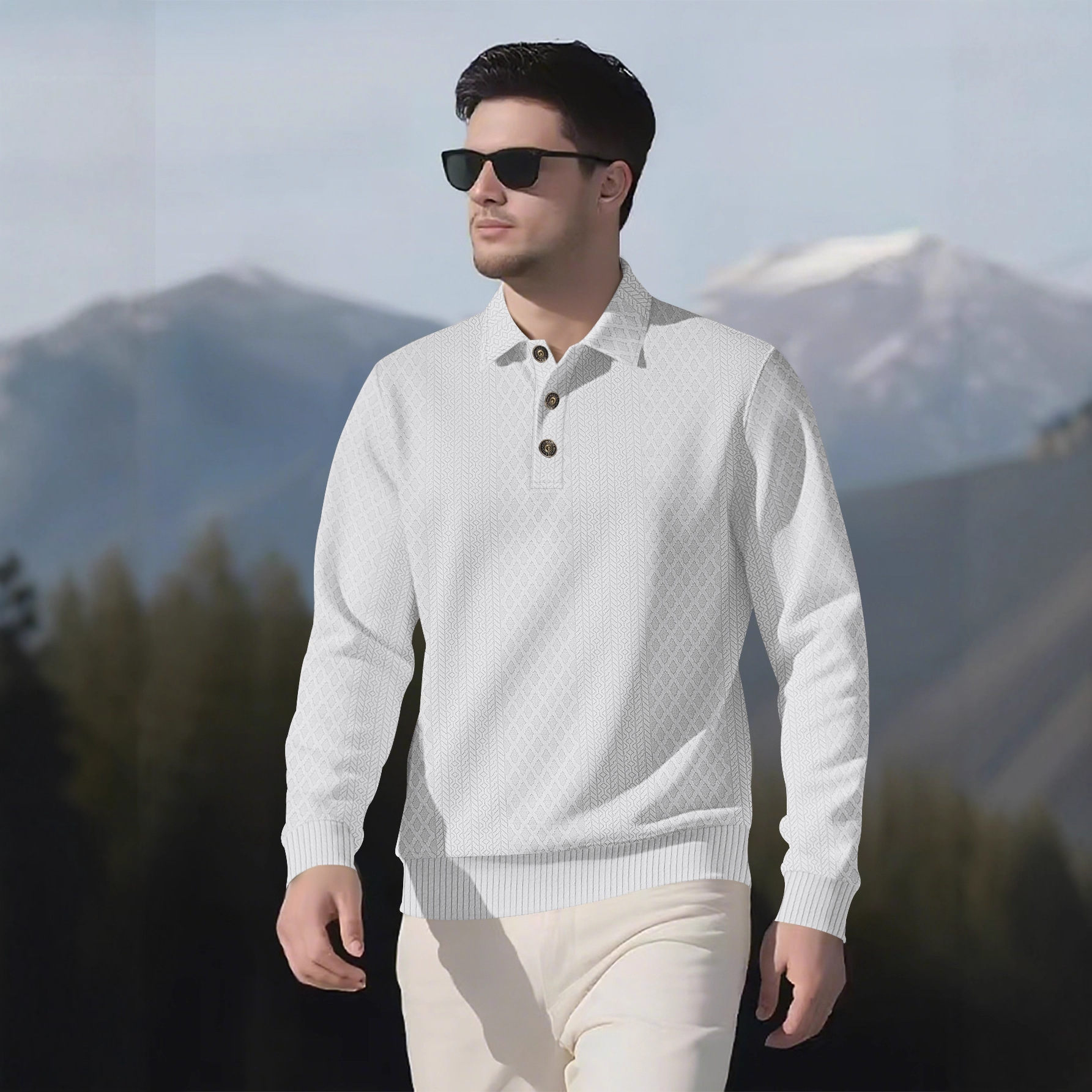 Men's Casual Solid Color Lapel-Collar Long Sleeved Jacquard Polo Shirts