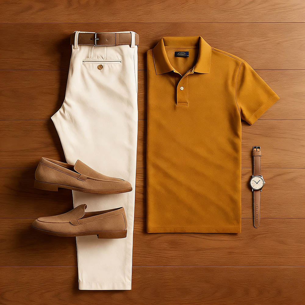 Men's Casual Yellow Brown & Khaki Color Matching Short Sleeved Polo Shirt & Trousers Two-Piece Set