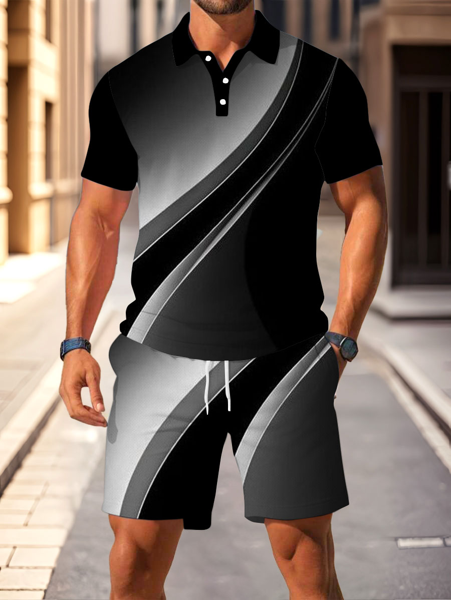 Men's Fashion Casual Polo Collar Geometric Printed Short-Sleeved Two-Piece Set
