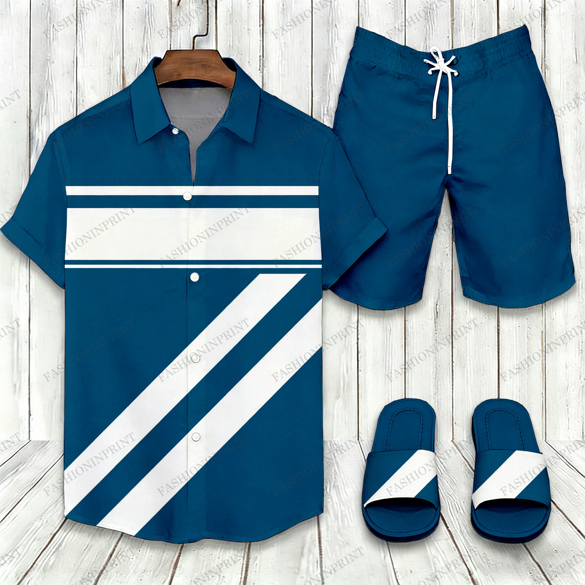 Men's Casual Blue & White Color Matching Geometric Print Short-Sleeve Shirt & Shorts & Slippers Three - Piece Set