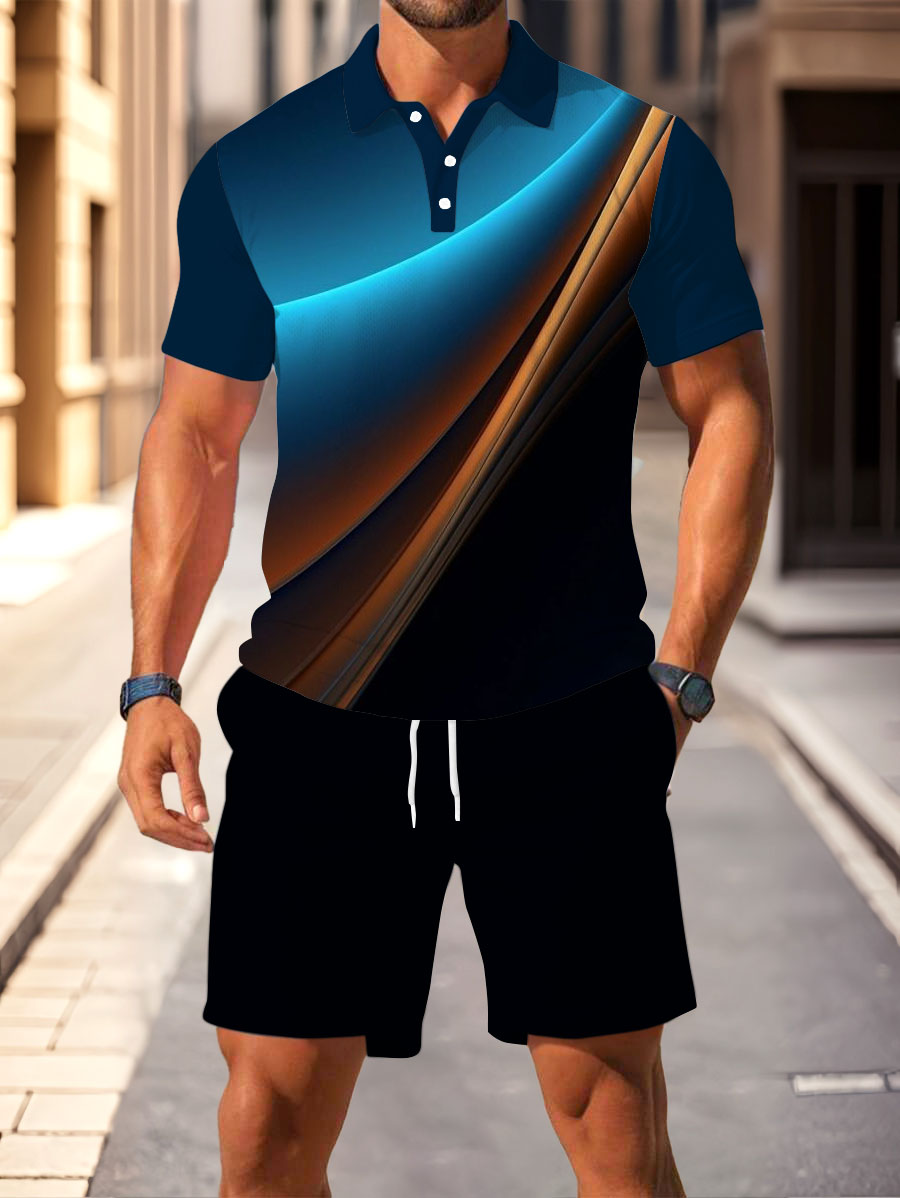 Men's Fashion Casual Polo Collar Geometric Printed Short-Sleeved Two-Piece Set