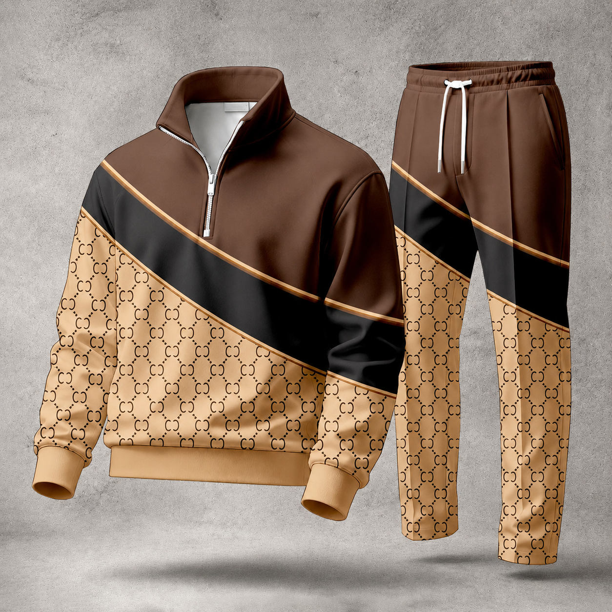 Men's Diagonal-Striped Printed Stand-Collar Zipper Long-Sleeve Top and Pants Two-Piece Set 210874