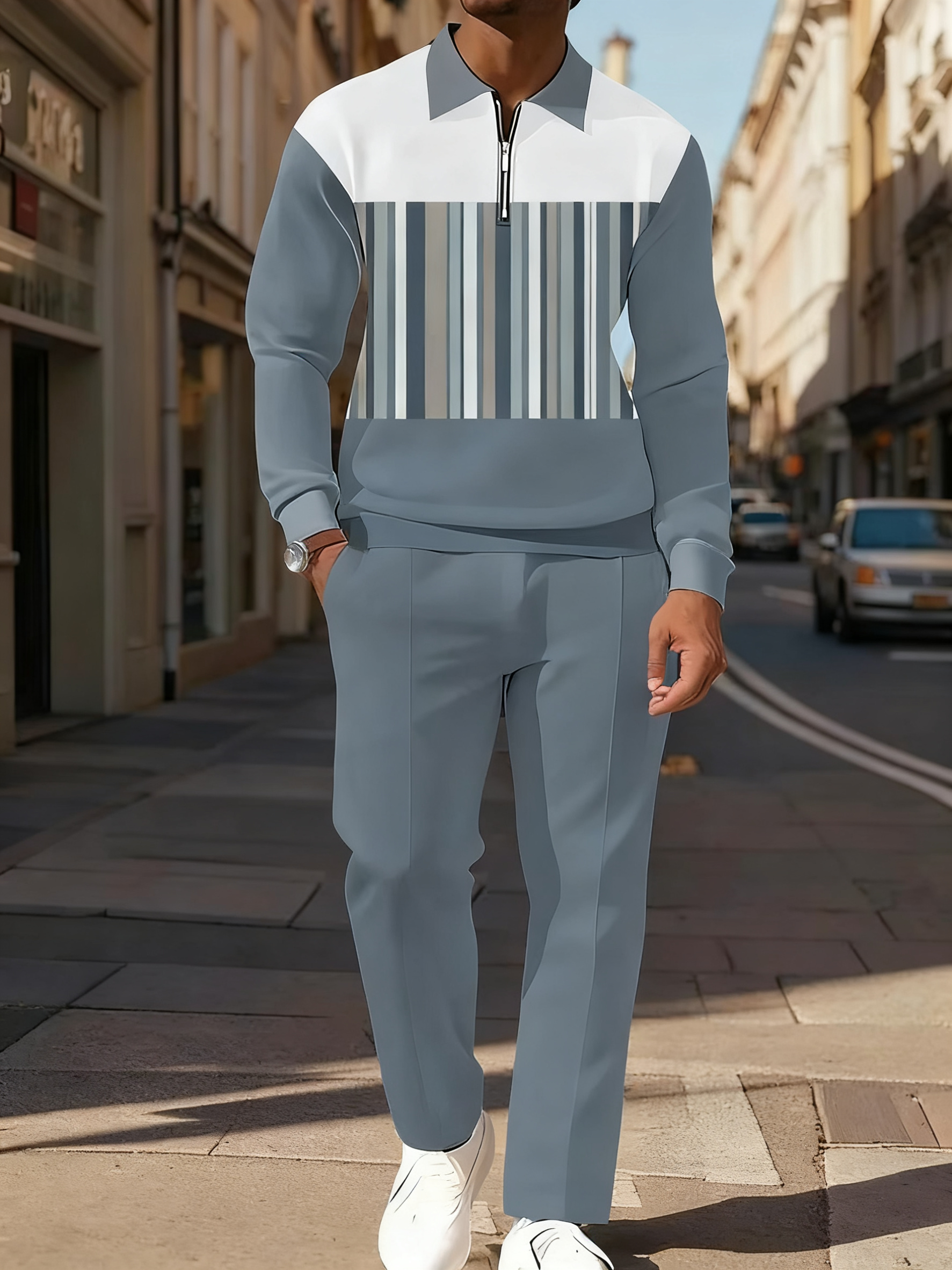 Men's Simple Retro Stripes Grey Blue Khaki Stripes Color Block Printed POLO Long-sleeved Trousers Two-piece Set
