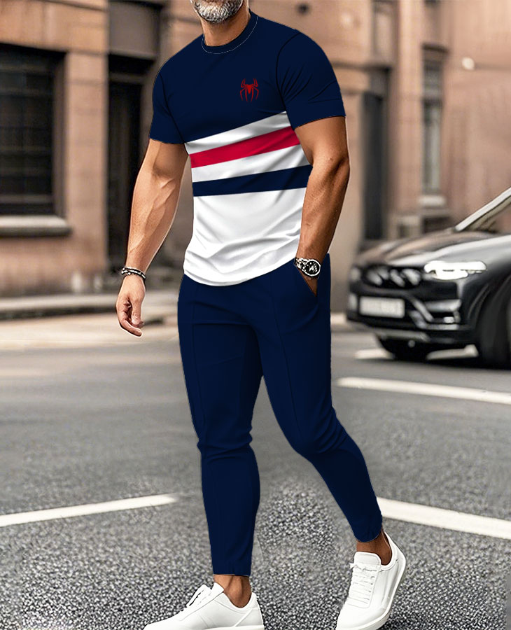 Men's Fashion Casual Color Matching Striped Printed Short Sleeved Trousers Two-Piece Set