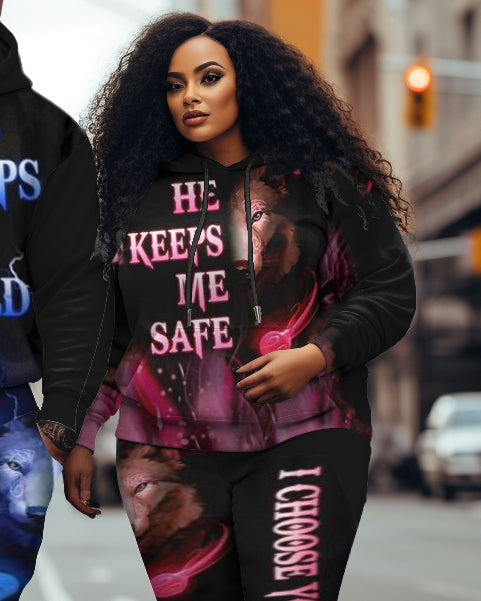 Couple Big and Tall  Wolf Hoodie And Sweatpants Set He Keeps Me Safe She Keeps Me Wild Pink And Blue