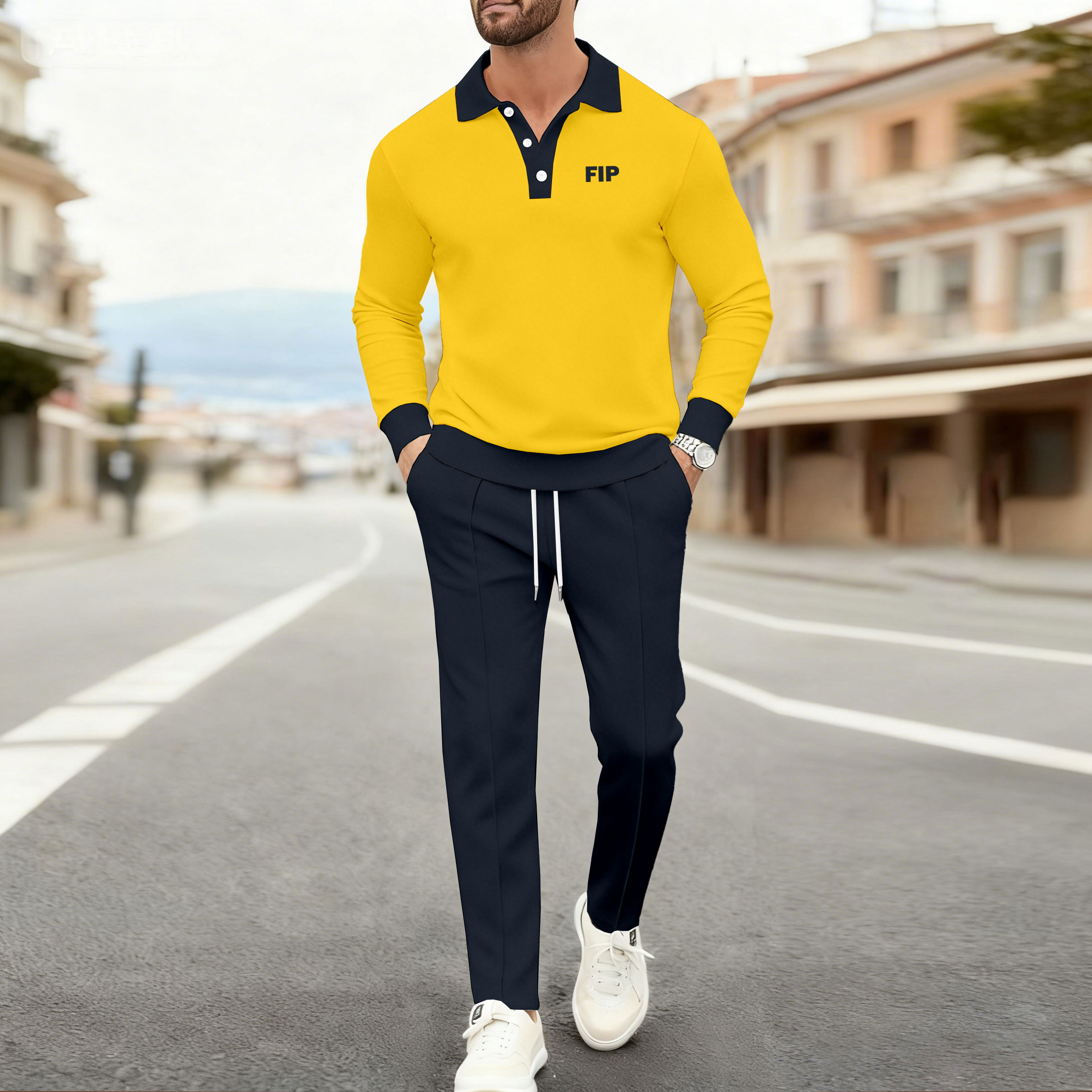 Men's Casual Yellow & Navy Color Matching Printed Polo-Collar Long Sleeved Trousers Two-Piece Set