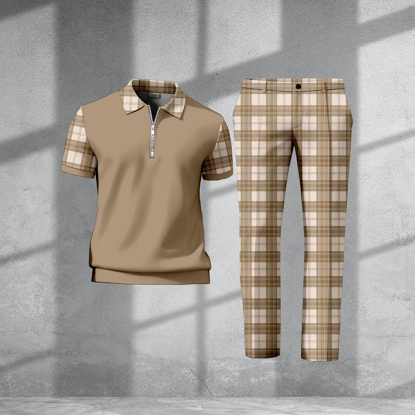 Men's Casual Tan & Apricot Color Matching Checked Printed Zipper Short Sleeved Polo Shirt & Trousers Two-Piece Set