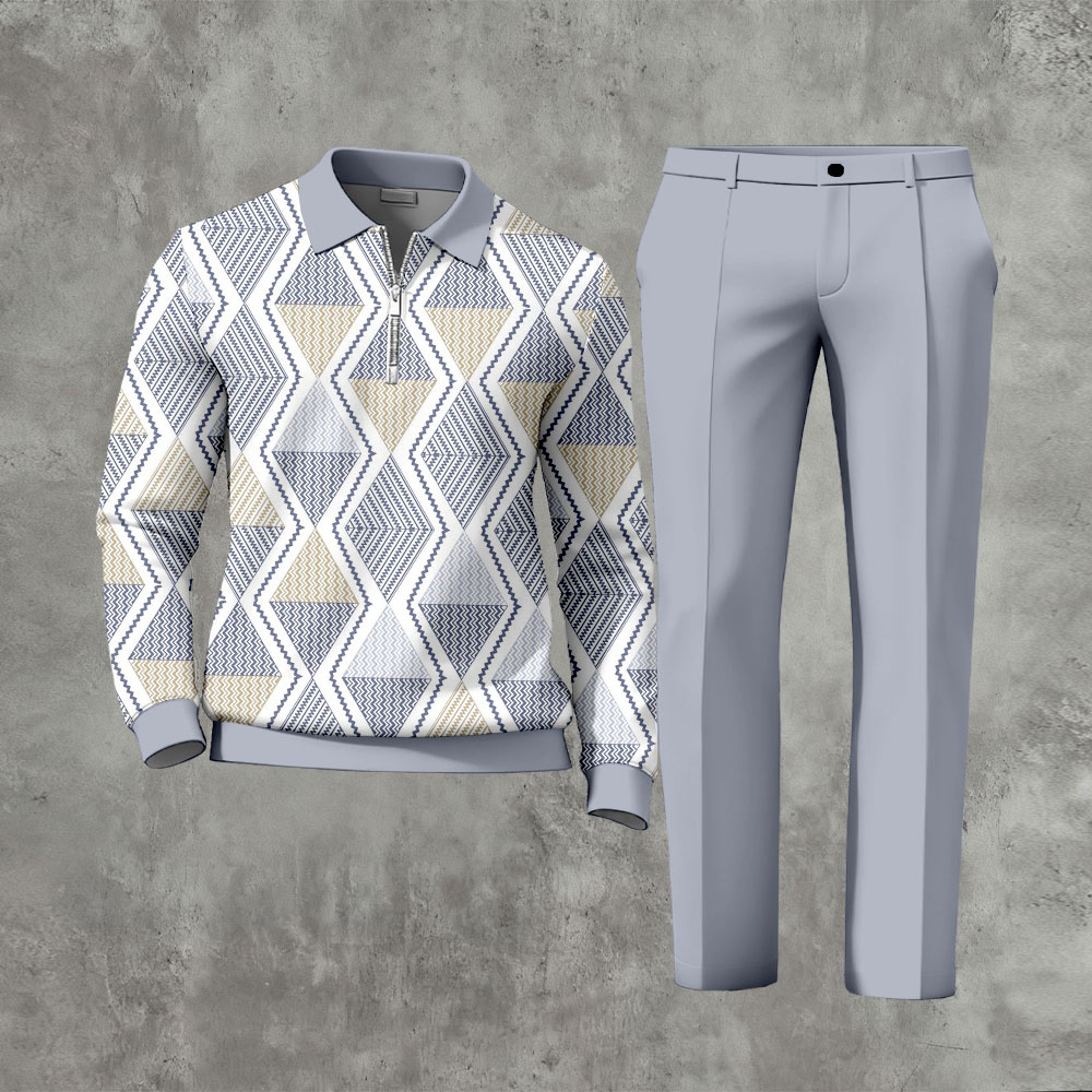 Men's Casual Light Purple & Khaki Color Matching Geometric Printed Zipper Long Sleeved Polo Shirt & Trousers Two-Piece Set117