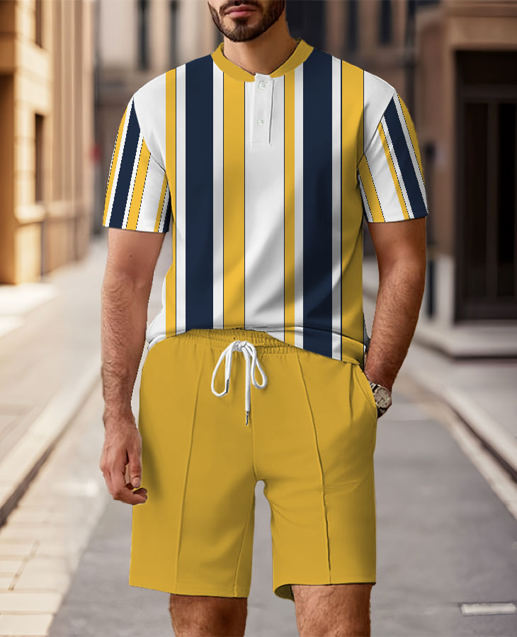 Men's Fashion Casual Round-Neck Geometric Printed Short-Sleeved Two-Piece Set
