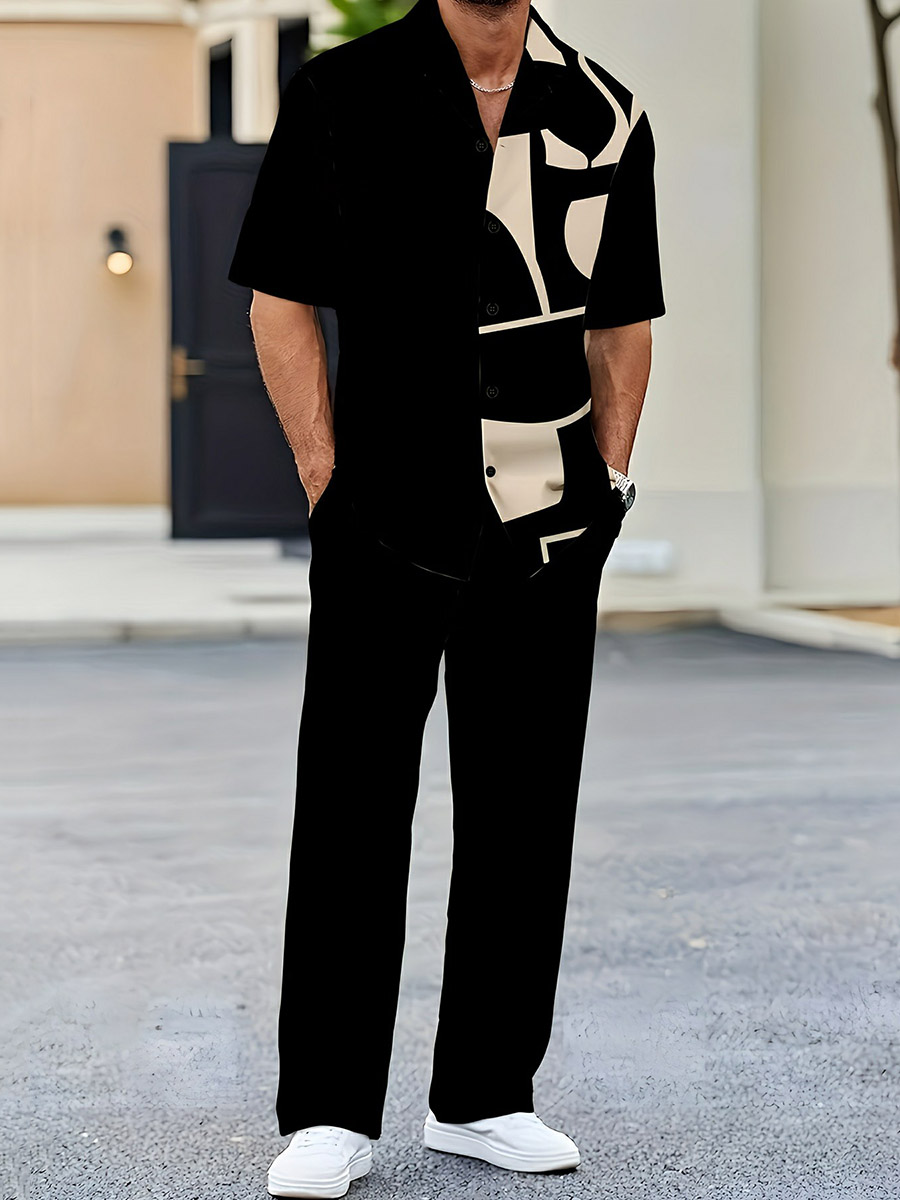 Men's Casual Color Matching Geometric Printed Short Sleeved Shirt & Trousers Two Piece Set