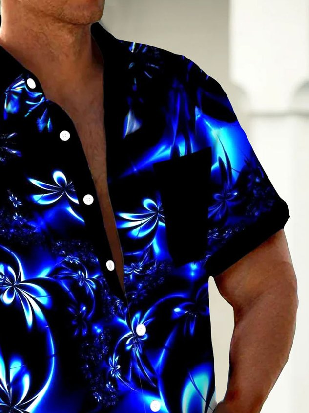 FIP Hawaiian Floral 3D Print Men's Button Pocket Short Sleeve Shirt