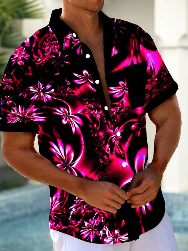 FIP Hawaiian Floral 3D Print Men's Button Pocket Short Sleeve Shirt