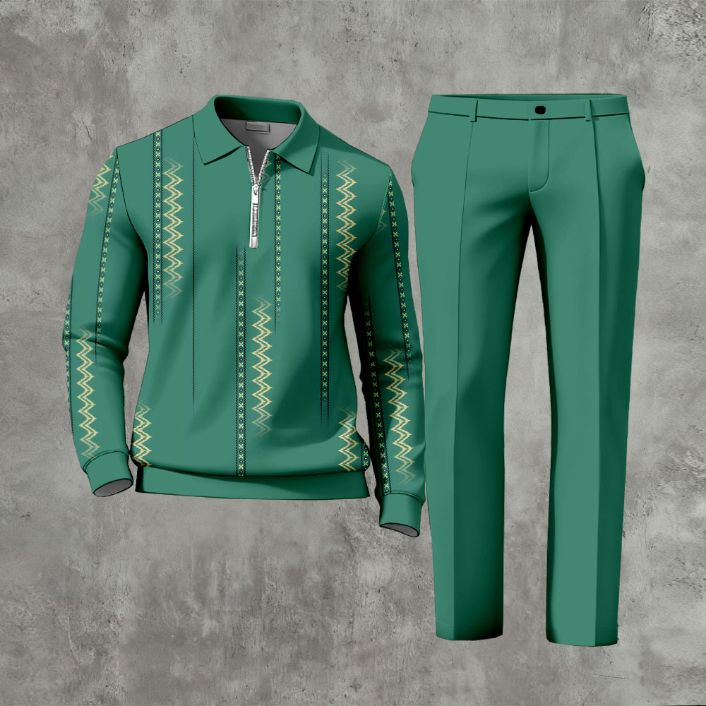 Men's Casual Light Yellow Color Matching Vintage Snowflake Printed Zipper Long Sleeved Polo Shirt & Trousers Two-Piece Set