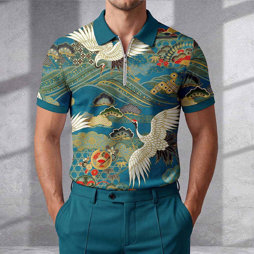 Men's Casual Royal Green Crane Short-Sleeved Half-Zip Polo Shirt And Royal Green Trousers Two-Piece Set