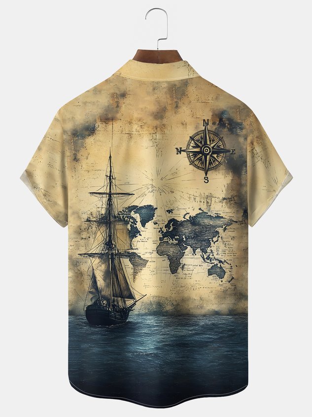 FIP Beach Resort Men's Hawaiian Shirt Nautical Sailing Ship Print Pocket Short Sleeve Shirt Big Tall