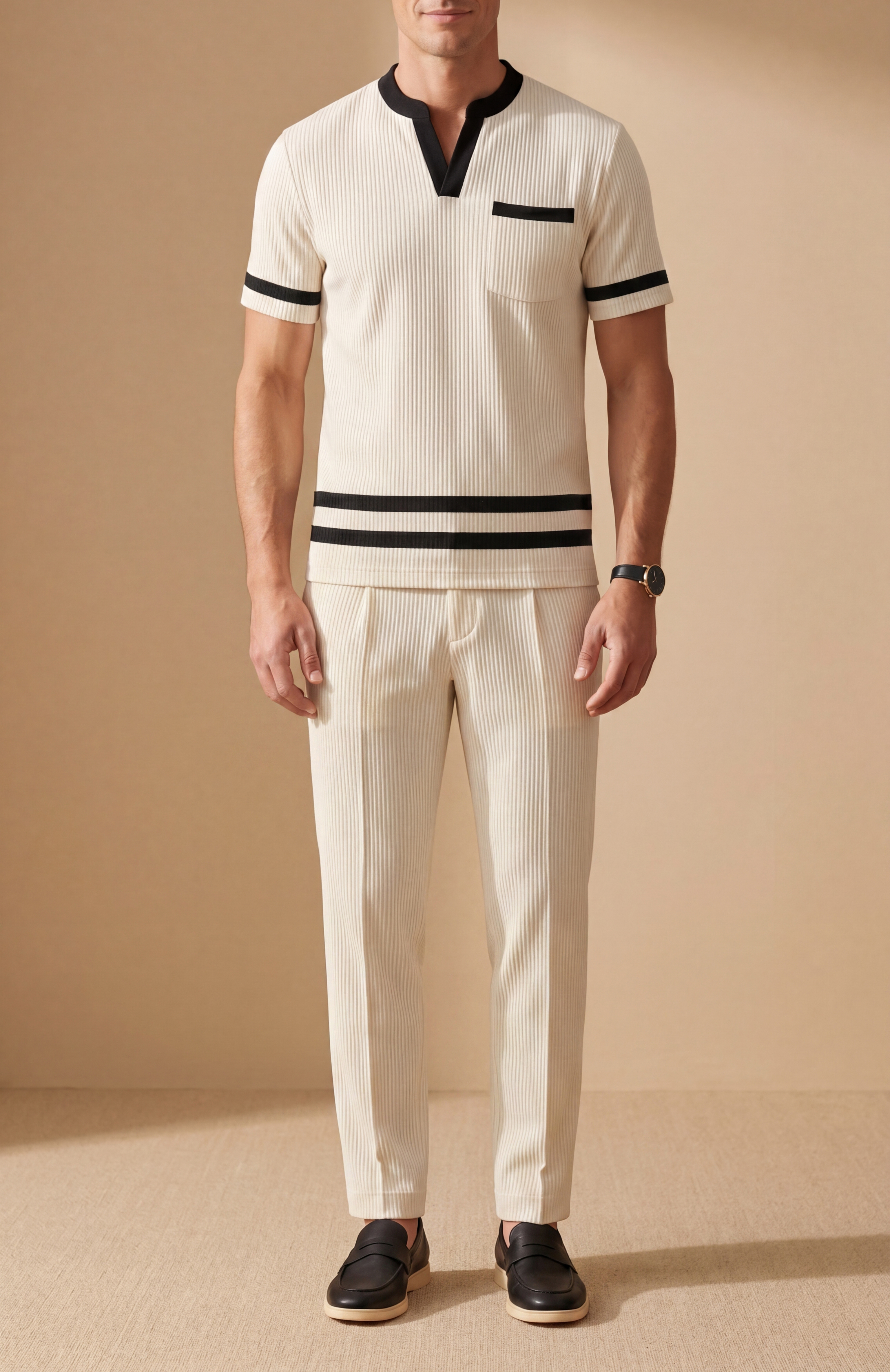 Men's Casual Beige & Black Color Matching Short Sleeved Henry Collar T-Shirt & Trousers Two-Piece Set