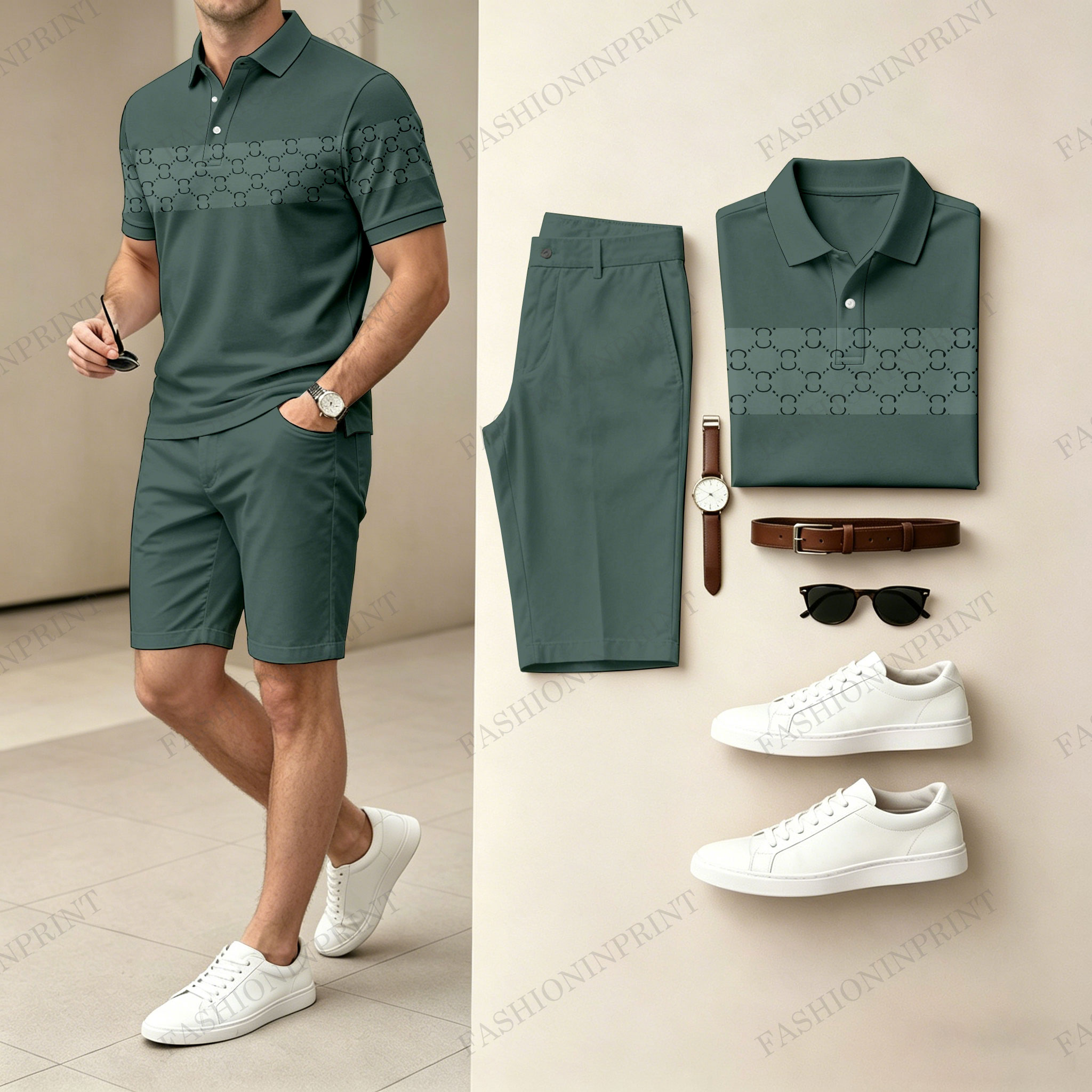 Men's Casual Geometric Color Polo Shirt & Shorts Two-Piece Set