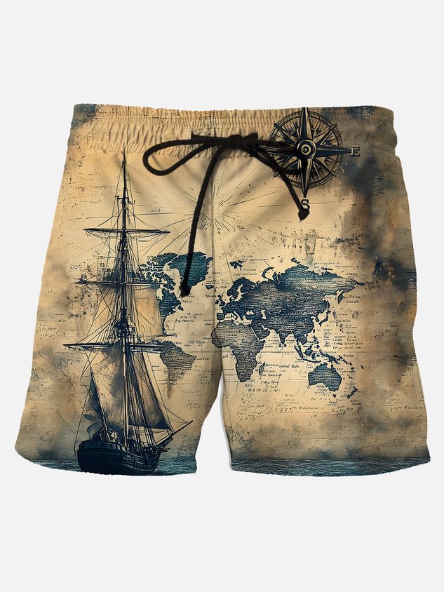 FIP Beach Resort Men's Hawaiian Shirt Nautical Sailing Ship Print Pocket Short Sleeve Shirt Big Tall