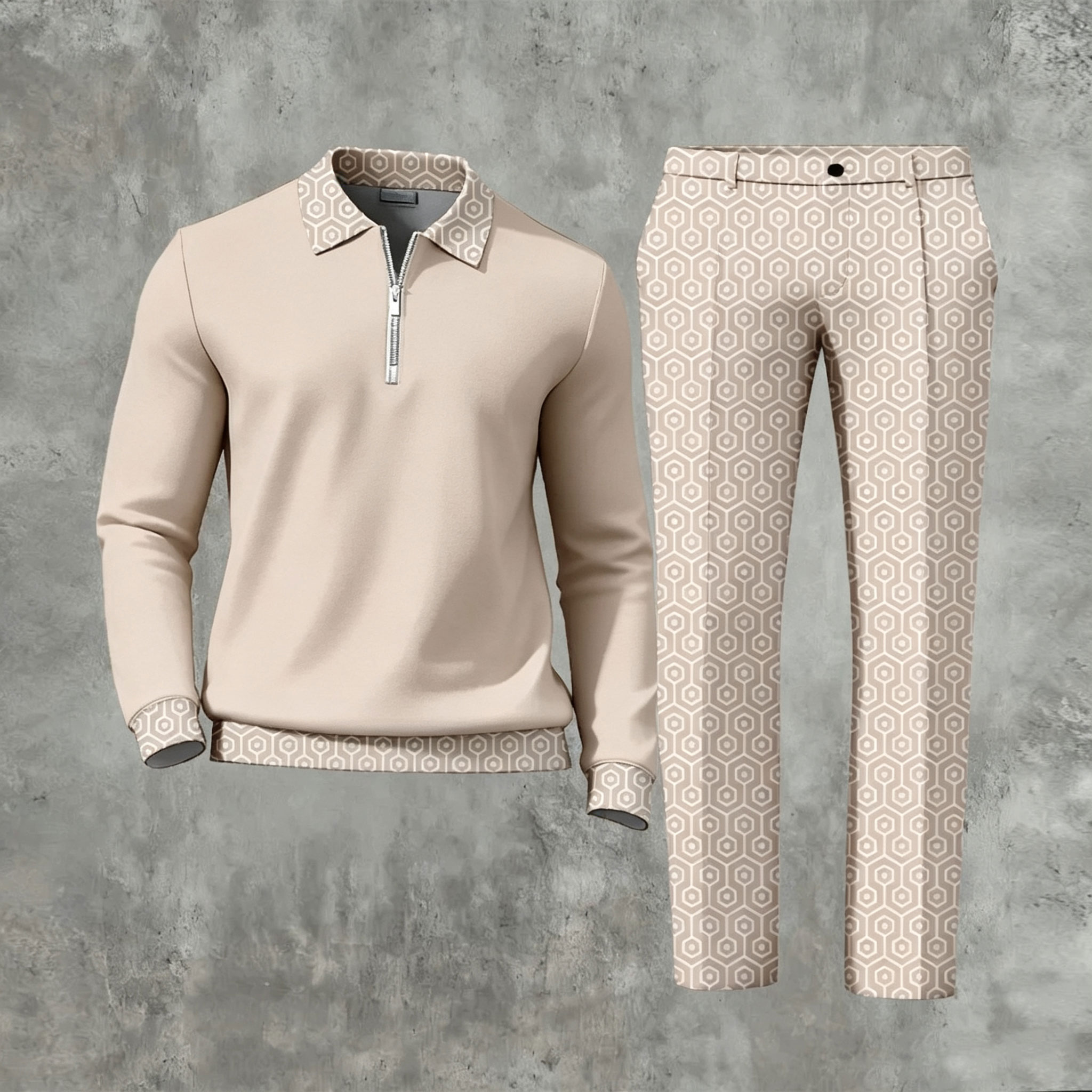 Men's Casual Color Matching Printed Polo-Collar Zipper Long Sleeved Trousers Two-Piece Set 1120