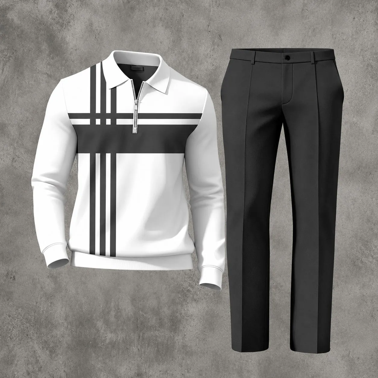Men's Casual Maroon & White Color Matching Striped Printed Polo-Collar Zipper Long Sleeved Trousers Two-Piece Set